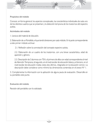 EDUCACIÓN DE ESTUDIANTES QUE PRESENTAN TRASTORNOS DEL ESPECTRO AUTISTA




Propósitos del módulo

Conocer, en forma general, los aspectos conceptuales, las características individuales de cada uno
de los distintos cuadros que se presentan y la detección temprana de los trastornos del espectro
autista.

Actividades del módulo

1. Lectura del material de discusión.

2. Elaboración de un Portafolio, el que tendrá divisiones por cada módulo. En la parte correspondiente
a este primer módulo archivar:

      2.1. Reflexión sobre la connotación del concepto espectro autista.

     2.2. Elaboración de un cuadro de los trastornos, con una breve característica, edad de
     aparición y género.

     2.3. Descripción de 3 alumnos con TEA, el primero de ellos con edad correspondiente al nivel
     de Atención Temprana; el segundo, en el nivel escolar de educación básica y el tercero, en el
     nivel escolar de educación media; estos dos últimos, integrados en la educación común. La
     descripción debe considerar como mínimo las dimensiones contenidas en el anexo Nº 1.

3. Complementar la información con la aplicación de alguna pauta de evaluación. Desarrolle en
su portafolio este punto.



Evaluación del módulo

Revisión del portafolio con lo solicitado




                                                       13
 