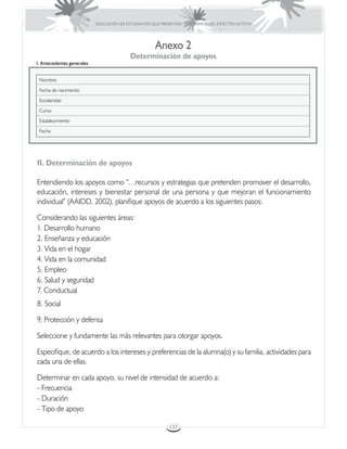 EDUCACIÓN DE ESTUDIANTES QUE PRESENTAN TRASTORNOS DEL ESPECTRO AUTISTA




                                                      Anexo 2
                                           Determinación de apoyos
I. Antecedentes generales


 Nombre

 Fecha de nacimiento

 Escolaridad

 Curso

 Establecimiento

 Fecha




II. Determinación de apoyos

Entendiendo los apoyos como “…recursos y estrategias que pretenden promover el desarrollo,
educación, intereses y bienestar personal de una persona y que mejoran el funcionamiento
individual” (AAIDD, 2002), planifique apoyos de acuerdo a los siguientes pasos:

Considerando las siguientes áreas:
1. Desarrollo humano
2. Enseñanza y educación
3. Vida en el hogar
4. Vida en la comunidad
5. Empleo
6. Salud y seguridad
7. Conductual
8. Social

9. Protección y defensa

Seleccione y fundamente las más relevantes para otorgar apoyos.

Especifique, de acuerdo a los intereses y preferencias de la alumna(o) y su familia, actividades para
cada una de ellas.

Determinar en cada apoyo, su nivel de intensidad de acuerdo a:
- Frecuencia
- Duración
- Tipo de apoyo

                                                             137
 