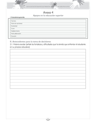 EDUCACIÓN DE ESTUDIANTES QUE PRESENTAN TRASTORNOS DEL ESPECTRO AUTISTA




                                                       Anexo 4
                                      Apoyos en la educación superior
I. Antecedentes generales

 Nombre
 Fecha de nacimiento
 Escolaridad
 Curso
 Establecimiento
 Fecha elaboración
 Duración



II. Antecedentes para la toma de decisiones
2.1. Historia escolar (señale las fortalezas y dificultades que ha tenido que enfrentar el estudiante
en su proceso educativo)




                                                             141
 