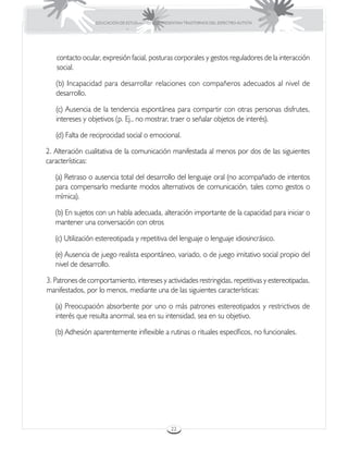 EDUCACIÓN DE ESTUDIANTES QUE PRESENTAN TRASTORNOS DEL ESPECTRO AUTISTA




   contacto ocular, expresión facial, posturas corporales y gestos reguladores de la interacción
   social.

   (b) Incapacidad para desarrollar relaciones con compañeros adecuados al nivel de
   desarrollo.

   (c) Ausencia de la tendencia espontánea para compartir con otras personas disfrutes,
   intereses y objetivos (p. Ej., no mostrar, traer o señalar objetos de interés).

   (d) Falta de reciprocidad social o emocional.

2. Alteración cualitativa de la comunicación manifestada al menos por dos de las siguientes
características:

   (a) Retraso o ausencia total del desarrollo del lenguaje oral (no acompañado de intentos
   para compensarlo mediante modos alternativos de comunicación, tales como gestos o
   mímica).

   (b) En sujetos con un habla adecuada, alteración importante de la capacidad para iniciar o
   mantener una conversación con otros

   (c) Utilización estereotipada y repetitiva del lenguaje o lenguaje idiosincrásico.

   (e) Ausencia de juego realista espontáneo, variado, o de juego imitativo social propio del
   nivel de desarrollo.

3. Patrones de comportamiento, intereses y actividades restringidas, repetitivas y estereotipadas,
manifestados, por lo menos, mediante una de las siguientes características:

   (a) Preocupación absorbente por uno o más patrones estereotipados y restrictivos de
   interés que resulta anormal, sea en su intensidad, sea en su objetivo.

   (b) Adhesión aparentemente inflexible a rutinas o rituales específicos, no funcionales.




                                                   22
 