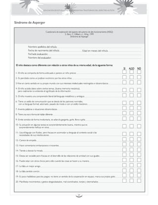 EDUCACIÓN DE ESTUDIANTES QUE PRESENTAN TRASTORNOS DEL ESPECTRO AUTISTA




Síndrome de Asperger

                                   Cuestionario de exploración del aspecto del autismo de alto funcionamiento (ASSQ)
                                                          S. Elers. C. Gillbert y L. Wing. 1999
                                                                 Síndrome de Asperger



              Nombre apellidos del niño/a:
              Fecha de nacimiento del niño/a:                                  Edad en meses del niño/a
              Fechade evaluación:
              Nombre del evaluador:

 El niño destaca como diferente con relación a otros niños de su misma edad, de la siguente forma:

1- El niño se comporta de forma anticuada o parece un niño precoz

2- Es percibido como un profesor excéntrico por los otros niños

3-Vive en cierto sentido en su propio mundo con sus intereses intelectuales restringidos e idiosincrásicos

4- El niño aculula datos sobre ciertos temas, (buena memoria mecánica),
   pero realmente no entiende el significado de la información

5- El niño muestra una comprensión literal del lenguaje metafórico y ambiguo

6- Tiene un estilo de comunicación que se desvía de los patrones normales,
   con un lenguaje formal, adornado, pasado de moda o con un estilo mecánico

7- Inventa palabras o situaciones idiosincrásicas

8- Tiene una voz o forma de hablar diferente

9- Emite sonidos de forma involuntaria, se aclara la garganta, guñe, llora o grita

10- Su actuación en algunas tareas es sorprendentemente buena, mientra que es
    sorprendemente ineficaz en otras

11- Usa el leguaje con fluidez, pero fracasa en acomodar su lenguaje al contexto social o las
    necesidades de sus interlocutores

12- Carece de empatía

13- Hace comentarios embarazosos e inocentes

14- Tiende a desviar la mirada

15- Desea ser sociable pero fracasa en el desrrollo de las relaciones de amistad con sus iguales

16- Puede estar con otros chicos pero sólo cuando las cosas se hacen a su manera

17- Le falta un mejor amigo

18- Le falta sentido común

19- Es poco habilidoso para los juegos: no tiene un sentido de la cooperación en equipo, marca sus propios goles

20- Manifiesta movimientos y gestos desgarabatados, mal coordinados, torpes y desmañados




                                                                         34
 