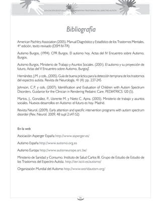 EDUCACIÓN DE ESTUDIANTES QUE PRESENTAN TRASTORNOS DEL ESPECTRO AUTISTA




                                          Bibliografía
American Psichitry Association (2005). Manual Diagnóstico y Estadístico de los Trastornos Mentales,
4º edición, texto revisado (DSM IV-TR)
Autismo Burgos, (1994). CPR Burgos. El autismo hoy, Actas del IV Encuentro sobre Autismo,
Burgos.
Autismo Burgos, Ministerio de Trabajo y Asuntos Sociales. (2001). El autismo y su proyección de
futuro, Actas del V Encuentro sobre Autismo, Burgos∫.
Hernández, J.M. y cols., (2005). Guía de buena práctica para la detección temprana de los trastornos
del espectro autista. Revista de Neurología, 41 (4): pp. 237-245
Johnson, C.P. y cols. (2007). Identification and Evaluation of Children with Autism Spectrum
Disorders. Guidance for the Clinician in Rendering Pediatric Care. PEDIATRICS 120 (5).
Martos, J., González, P., Llorente M. y Nieto C. Apna. (2005). Ministerio de trabajo y asuntos
sociales. Nuevos desarrollos en Autismo: el futuro es hoy. Madrid.
Revista Neurol. (2009). Early attention and specific intervention programs with autism spectrum
disorder (Rev. Neurol. 2009, 48 supl 2:s47-52)


En la web

Asociación Asperger España http://www.asperger.es/
Autismo España http://www.autismo.org.es
Autismo Europa http://www.autismeurope.arc.be/
Ministerio de Sanidad y Consumo. Instituto de Salud Carlos III. Grupo de Estudio de Estudio de
los Trastornos del Espectro Autista. http://iier.isciii.es/autismo/
Organización Mundial del Autismo http://www.worldautism.org/




                                                      36
 
