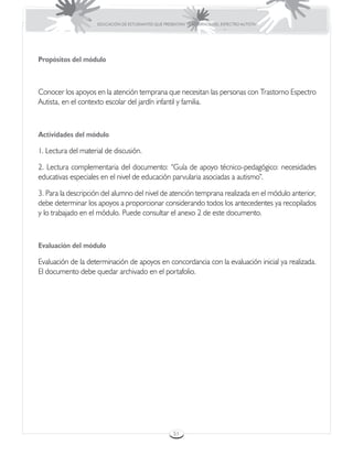 EDUCACIÓN DE ESTUDIANTES QUE PRESENTAN TRASTORNOS DEL ESPECTRO AUTISTA




Propósitos del módulo



Conocer los apoyos en la atención temprana que necesitan las personas con Trastorno Espectro
Autista, en el contexto escolar del jardín infantil y familia.



Actividades del módulo

1. Lectura del material de discusión.

2. Lectura complementaria del documento: “Guía de apoyo técnico-pedagógico: necesidades
educativas especiales en el nivel de educación parvularia asociadas a autismo”.

3. Para la descripción del alumno del nivel de atención temprana realizada en el módulo anterior,
debe determinar los apoyos a proporcionar considerando todos los antecedentes ya recopilados
y lo trabajado en el módulo. Puede consultar el anexo 2 de este documento.



Evaluación del módulo

Evaluación de la determinación de apoyos en concordancia con la evaluación inicial ya realizada.
El documento debe quedar archivado en el portafolio.




                                                      51
 