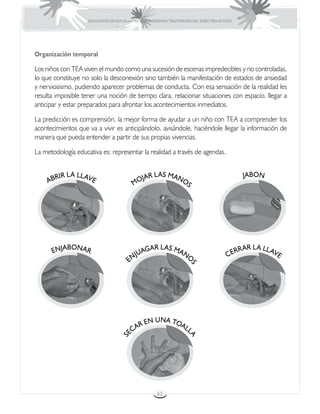 EDUCACIÓN DE ESTUDIANTES QUE PRESENTAN TRASTORNOS DEL ESPECTRO AUTISTA




Organización temporal

Los niños con TEA viven el mundo como una sucesión de escenas impredecibles y no controladas,
lo que constituye no solo la desconexión sino también la manifestación de estados de ansiedad
y nerviosismo, pudiendo aparecer problemas de conducta. Con esa sensación de la realidad les
resulta imposible tener una noción de tiempo clara, relacionar situaciones con espacio, llegar a
anticipar y estar preparados para afrontar los acontecimientos inmediatos.

La predicción es comprensión, la mejor forma de ayudar a un niño con TEA a comprender los
acontecimientos que va a vivir es anticipándolo, avisándole, haciéndole llegar la información de
manera que pueda entender a partir de sus propias vivencias.

La metodología educativa es: representar la realidad a través de agendas.


            IR L A LL AVE                          R L A S MA N                                JABON
     A BR                                  MO
                                              JA                   OS




          BO                                    G A R L A S MA                                 AR L A LL A
      ENJA NAR                               JUA               NO                          ERR            VE
                                           N                                             C
                                      E




                                                                        S




                                                  UNA TO
                                             R EN       AL
                                         ECA              L
                                                                      A
                                     S




                                                       62
 