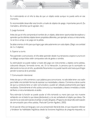 EDUCACIÓN DE ESTUDIANTES QUE PRESENTAN TRASTORNOS DEL ESPECTRO AUTISTA




Es ir estimulando en el niño la idea de que un objeto existe aunque no pueda verlo en ese
momento.

Es recomendable desarrollar esta función a través de objetos de apego, importantes para él. (Su
mamadera, alimentos que le agradan. etc.)

5. Juego funcional.

Antes de que el niño comprenda el nombre de un objeto, debe tener oportunidad de explorar y
aprender que los distintos objetos tienen propósitos diferentes, por ejemplo: se toca un instrumento,
no se tira o arroja; o se juega con la pelota.

Se debe orientar al niño para que logre jugar adecuadamente con cada objeto. (Elegir una cantidad
de 2 a 3 objetos)

6. Esperar su turno.

Para aprender a comunicarse, el niño debe aprender desde muy temprano a esperar su turno en
un diálogo aunque éstos estén compuestos solo de gestos o sonidos.

Su estimulación se puede realizar a través del juego con instrumentos u objetos como pelotas,
colocando bloques, formando torres, etc. En la interacción, la persona que lo acompañe va
alternando turnos con el niño, ayudándolo físicamente si no puede hacerlo solo hasta que él logre
percibir la esencia de la actividad.

7. Comunicación intencional.

Antes de que un niño comience a usar palabras para comunicarse, no solo debe tener una razón
para hablar sino también formas de expresar sus necesidades y deseos. Comienza a darse cuenta
de que su conducta tiene un valor comunicativo y puede ser utilizada positivamente para lograr
resultados. Generalmente el niño autista comunica sus necesidades y deseos inmediatos a través
del llanto o instrumentalizando al adulto.

Para estimular la función se puede ayudar al niño tomando su mano para que nos muestre
señalando con el dedo lo que desea (declarativo) y a la vez verbalizarle el objeto que desea. De
esta forma se está estimulando el señalar a través del gesto. (Programa de desarrollo estimulación
de comunicación para niños autistas, María del Carmen Aguilera, 2003)

En el caso de niños con lenguaje y con una comprensión literal de éste, en que requieren reforzar
y fortalecer las habilidades lingüísticas desde las funciones lingüísticas de pregunta-respuesta, su


                                                        68
 