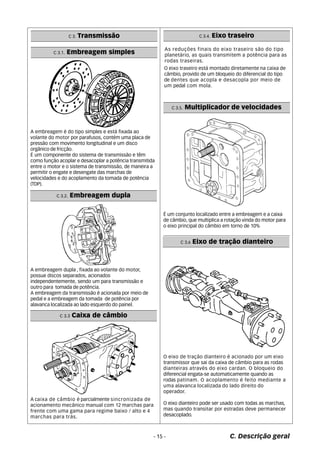 A embreagem é do tipo simples e está fixada ao 
volante do motor por parafusos, contém uma placa de 
pressão com movimento longitudinal e um disco 
orgânico de fricção. 
É um componente do sistema de transmissão e têm 
como função acoplar e desacoplar a potência transmitida 
entre o motor e o sistema de transmissão, de maneira a 
permitir o engate e desengate das marchas de 
velocidades e do acoplamento da tomada de potência 
(TDP). 
As reduções finais do eixo traseiro são do tipo 
planetário, as quais transmitem a potência para as 
rodas traseiras. 
O eixo traseiro está montado diretamente na caixa de 
câmbio, provido de um bloqueio do diferencial do tipo 
de dentes que acopla e desacopla por meio de 
um pedal com mola. 
É um conjunto localizado entre a embreagem e a caixa 
de câmbio, que multiplica a rotação vinda do motor para 
o eixo principal do câmbio em torno de 10% 
O eixo de tração dianteiro é acionado por um eixo 
transmissor que sai da caixa de câmbio para as rodas 
dianteiras através do eixo cardan. O bloqueio do 
diferencial engata-se automaticamente quando as 
rodas patinam. O acoplamento é feito mediante a 
uma alavanca localizada do lado direito do 
operador. 
O eixo dianteiro pode ser usado com todas as marchas, 
mas quando transitar por estradas deve permanecer 
desacoplado. 
C 3. Transmissão 
C 3.1. Embreagem simples 
C 3.5. Multiplicador de velocidades 
- 15 - C. Descrição geral 
C 3.2. Embreagem dupla 
A embreagem dupla , fixada ao volante do motor, 
possue discos separados, acionados 
independentemente, sendo um para transmissão e 
outro para tomada de potência. 
A embreagem da transmissão é acionada por meio de 
pedal e a embreagem da tomada de potência por 
alavanca localizada ao lado esquerdo do painel. 
A caixa de câmbio é parcialmente sincronizada de 
acionamento mecânico manual com 12 marchas para 
frente com uma gama para regime baixo / alto e 4 
marchas para trás. 
C 3.4. Eixo traseiro 
C 3.3 Caixa de câmbio 
C 3.6 Eixo de tração dianteiro 
 
