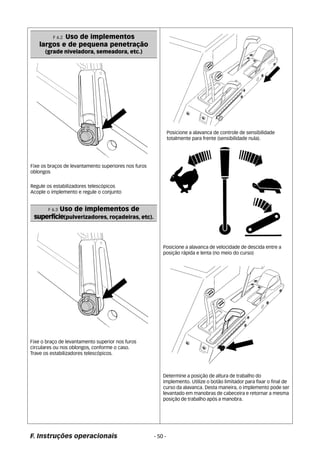 F 6.2 Uso de implementos 
largos e de pequena penetração 
(grade niveladora, semeadora, etc.) 
Fixe os braços de levantamento superiores nos furos 
oblongos 
Regule os estabilizadores telescópicos 
Acople o implemento e regule o conjunto 
F 6.3 Uso de implementos de 
superfície(pulverizadores, roçadeiras, etc). 
Fixe o braço de levantamento superior nos furos 
circulares ou nos oblongos, conforme o caso. 
Trave os estabilizadores telescópicos. 
Posicione a alavanca de velocidade de descida entre a 
posição rápida e lenta (no meio do curso) 
Determine a posição de altura de trabalho do 
implemento. Utilize o botão limitador para fixar o final de 
curso da alavanca. Desta maneira, o implemento pode ser 
levantado em manobras de cabeceira e retornar a mesma 
posição de trabalho após a manobra. 
F. Instruções operacionais - 50 - 
Posicione a alavanca de controle de sensibilidade 
totalmente para frente (sensibilidade nula). 
 