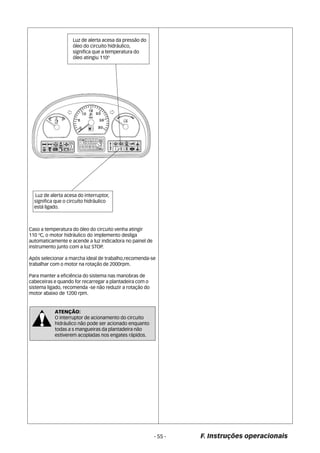 - 55 - F. Instruções operacionais 
Luz de alerta acesa da pressão do 
óleo do circuito hidráulico, 
significa que a temperatura do 
óleo atingiu 110º 
Luz de alerta acesa do interruptor, 
significa que o circuíto hidráulico 
está ligado. 
Caso a temperatura do óleo do circuito venha atingir 
110 ºC, o motor hidráulico do implemento desliga 
automaticamente e acende a luz indicadora no painel de 
instrumento junto com a luz STOP. 
Após selecionar a marcha ideal de trabalho,recomenda-se 
trabalhar com o motor na rotação de 2000rpm. 
Para manter a eficiência do sistema nas manobras de 
cabeceiras e quando for recarregar a plantadeira com o 
sistema ligado, recomenda -se não reduzir a rotação do 
motor abaixo de 1200 rpm. 
ATENÇÃO: 
O interruptor de acionamento do circuito 
hidráulico não pode ser acionado enquanto 
todas a s mangueiras da plantadeira não 
estiverem acopladas nos engates rápidos. 
 