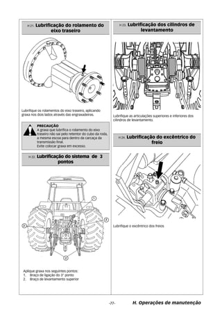 H 22. Lubrificação do sistema de 3 
pontos 
Aplique graxa nos seguintes pontos: 
1. Braço de ligação do 3° ponto 
2. Braço de levantamento superior 
H 23. Lubrificação dos cilindros de 
levantamento 
H 24. Lubrificação do excêntrico do 
freio 
-77- H. Operações de manutenção 
H 21. Lubrificação do rolamento do 
eixo traseiro 
Lubrifique os rolamentos do eixo traseiro, aplicando 
graxa nos dois lados através das engraxadeiras. 
PRECAUÇÃO 
A graxa que lubrifica o rolamento do eixo 
traseiro não sai pelo retentor do cubo da roda, 
a mesma escoa para dentro da carcaça da 
transmissão final. 
Evite colocar graxa em excesso. 
Lubrifique as articulações superiores e inferiores dos 
cilindros de levantamento. 
Lubrifique o excêntrico dos freios 
 