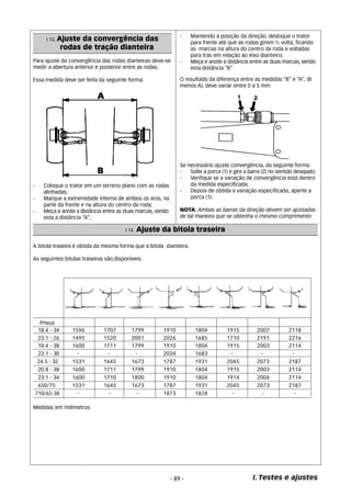 - Mantendo a posição da direção, desloque o trator 
para frente até que as rodas girem ½ volta, ficando 
as marcas na altura do centro da roda e voltadas 
para trás em relação ao eixo dianteiro; 
- Meça e anote a distância entre as duas marcas, sendo 
esta distância “B” 
O resultado da diferença entre as medidas “B” e “A”, (B 
menos A), deve variar entre 0 a 5 mm 
Pneus 
18.4 - 34 1596 1707 1799 1910 1804 1915 2007 2118 
23.1 - 26 1495 1520 2001 2026 1685 1710 2191 2216 
18.4 - 38 1600 1711 1799 1910 1804 1915 2003 2114 
23.1 - 30 - - - 2034 1683 - - - 
24.5 - 32 1531 1645 1673 1787 1931 2045 2073 2187 
20.8 - 38 1600 1711 1799 1910 1804 1915 2003 2114 
23.1 - 34 1600 1710 1800 1910 1804 1914 2004 2114 
650/75 1531 1645 1673 1787 1931 2045 2073 2187 
710/65-38 - - - 1873 1828 - - - 
I. Testes e ajustes 
I 13. Ajuste da convergência das 
rodas de tração dianteira 
Para ajuste da convergência das rodas dianteiras deve-se 
medir a abertura anterior e posterior entre as rodas. 
Essa medida deve ser feita da seguinte forma: 
I 14. Ajuste da bitola traseira 
A bitola traseira é obtida da mesma forma que a bitola dianteira. 
As seguintes bitolas traseiras são disponíveis: 
- 89 - 
- Coloque o trator em um terreno plano com as rodas 
alinhadas; 
- Marque a extremidade interna de ambos os aros, na 
parte da frente e na altura do centro da roda; 
- Meça e anote a distância entre as duas marcas, sendo 
esta a distância “A”; 
Se necessário ajuste convergência, da seguinte forma: 
- Solte a porca (1) e gire a barra (2) no sentido desejado; 
- Verifique se a variação de convergência está dentro 
da medida especificada; 
- Depois de obtida a variação especificada, aperte a 
porca (1). 
NOTA: Ambas as barras da direção devem ser ajustadas 
de tal maneira que se obtenha o mesmo comprimento 
Medidas em milímetros 
 