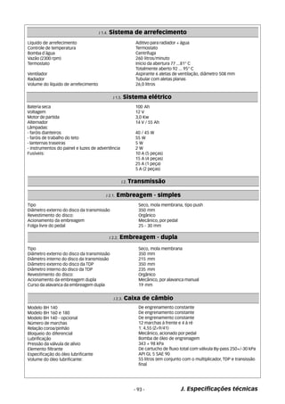 J 1.4. Sistema de arrefecimento 
J 1.5. Sistema elétrico 
J 2. Transmissão 
J 2.1. Embreagem - simples 
- 93 - J. Especificações técnicas 
Líquido de arrefecimento 
Controle de temperatura 
Bomba d´água 
Vazão (2300 rpm) 
Termostato 
Ventilador 
Radiador 
Volume do líquido de arrefecimento 
Aditivo para radiador + água 
Termostato 
Centrífuga 
260 litros/minuto 
Início da abertura 77 ...81° C 
Totalmente aberto 92 ... 95° C 
Aspirante 6 aletas de ventilação, diâmetro 508 mm 
Tubular com aletas planas 
26,0 litros 
Tipo 
Diâmetro externo do disco da transmissão 
Revestimento do disco: 
Acionamento da embreagem 
Folga livre do pedal 
Seco, mola membrana, tipo push 
350 mm 
Orgânico 
Mecânico, por pedal 
25 - 30 mm 
J 2.3. Caixa de câmbio 
Modelo BH 140 
Modelo BH 160 e 180 
Modelo BH 140 - opcional 
Número de marchas 
Relação coroa/pinhão 
Bloqueio do diferencial 
Lubrificação 
Pressão da válvula de alívio 
Elemento filtrante 
Especificação do óleo lubrificante 
Volume do óleo lubrificante: 
De engrenamento constante 
De engrenamento constante 
De engrenamento constante 
12 marchas à frente e 4 à ré 
1: 4,55 (Z=9/41) 
Mecânico, acionado por pedal 
Bomba de óleo de engrenagem 
343 + 98 kPa 
De cartucho de fluxo total com válvula By-pass 250+/-30 kPa 
API GL 5 SAE 90 
55 litros (em conjunto com o multiplicador, TDP e transissão 
final 
Bateria seca 
Voltagem 
Motor de partida 
Alternador 
Lâmpadas: 
- faróis dianteiros 
- faróis de trabalho do teto 
- lanternas traseiras 
- instrumentos do painel e luzes de advertência 
Fusíveis: 
100 Ah 
12 V 
3,0 Kw 
14 V / 55 Ah 
40 / 45 W 
55 W 
5 W 
2 W 
10 A (5 peças) 
15 A (4 peças) 
25 A (1 peça) 
5 A (2 peças) 
J 2.2. Embreagem - dupla 
Tipo 
Diâmetro externo do disco da transmissão 
Diâmetro interno do disco da transmissão 
Diâmetro externo do disco da TDP 
Diâmetro interno do disco da TDP 
Revestimento do disco: 
Acionamento da embreagem dupla 
Curso da alavanca da embreagem dupla 
Seco, mola membrana 
350 mm 
215 mm 
350 mm 
235 mm 
Orgânico 
Mecânico, por alavanca manual 
19 mm 
 