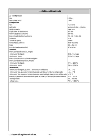 J 13. Cabine climatizada 
Ar condicionado 
Gás R 134A 
Quantidade (+ 20°) 1,4 kg 
Compressor 
Tipo Fluxo axial 
Aplicação Motores de 4 e 6 cilindros 
Máxima rotação 7000 rpm 
Capacidade do reservatório 147 ml 
Volume de óleo lubrificante 200 ml 
Especificação do óleo lubrificante ZXL 100 PG (DH-OS) 
Voltagem 12 V 
Torque de aperto 59 Nm 
Consumo de potência 44 W (máximo) 
Folga 0,3 ... 0,6 mm 
Pressão da válvula de alívio 37 +/- 4 bar 
Secador 
Interruptor de alta pressão, função: 
- interruptor desligado 3,40 +/- 0,2 Mpa 
- interruptor ligado 0,57 +/- 0,2 Mpa 
Interruptor para baixo - pressão desligada 
Interruptor de baixa pressão, função: 
- interruptor desligado 190 +/- 20 kPa 
- interruptor ligado 200 +/- 30 kPa 
Termostato 
- Interruptor desligado, quando a temperatura está baixa +2 ... +3°C 
- interruptor liga, quando a temperatura está subindo, para máxima refrigeração +6 ... +7°C 
- interruptor liga, quando a temperatura está quase subindo, para mínima refrigeração + 10° C 
Pressão no sistema com máxima refrigeração (1500 rpm em temperatura ambiente) + 20 ... +25° C 
- baixa pressão 50 ... 300 kPa 
- alta pressão 700 ... 1400 kPa 
J. Especificações técnicas - 98 - 
 