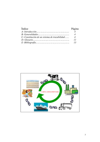 Índice                                            Página
A- Introducción…………………………..……………                    4
B- Generalidades…………….……..…………………                   4
C- Constitución de un sistema de trazabilidad……     4
D- Glosario…………………..…………..……….……                    11
E- Bibliografía…………………………………………                     13




                   CADENA AGROALIMENTARIA




                                                           3
 