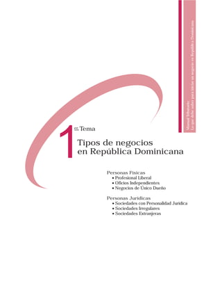 Lo que debe saber para iniciar un negocio en República Dominicana
                                                    Manual Tributario:
1
er.   Tema

  Tipos de negocios
  en República Dominicana

             Personas Físicas
               • Profesional Liberal
               • Oficios Independientes
               • Negocios de Único Dueño

             Personas Jurídicas
               • Sociedades con Personalidad Jurídica
               • Sociedades Irregulares
               • Sociedades Extranjeras
 