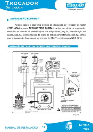 INSTALAÇÃO ELÉTRICA
Abaixo segue o esquema elétrico de instalação do Trocador de Calor
220V trifásico com TERMOSTATO DIGITAL, antes de iniciar a instalação,
consulte as tabelas de classificação dos disjuntores, pag.14, identificação de
cabos, pag.13, e classificação da bitola de cabos por distâncias, pag.12, sendo
que, a instalação deve seguir as normas da ABNT, constadas na NBR 5410.

INSTALAÇÃO ELÉTRICA 220V TRIFÁSICO COM TERMOSTATO DIGITAL

FIG.10

17

 