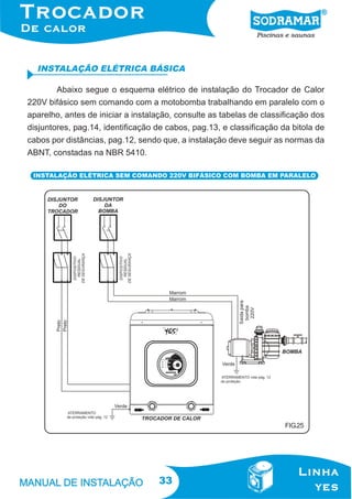 INSTALAÇÃO ELÉTRICA BÁSICA
Abaixo segue o esquema elétrico de instalação do Trocador de Calor
220V bifásico sem comando com a motobomba trabalhando em paralelo com o
aparelho, antes de iniciar a instalação, consulte as tabelas de classificação dos
disjuntores, pag.14, identificação de cabos, pag.13, e classificação da bitola de
cabos por distâncias, pag.12, sendo que, a instalação deve seguir as normas da
ABNT, constadas na NBR 5410.
INSTALAÇÃO ELÉTRICA SEM COMANDO 220V BIFÁSICO COM BOMBA EM PARALELO

FIG.25

33

 