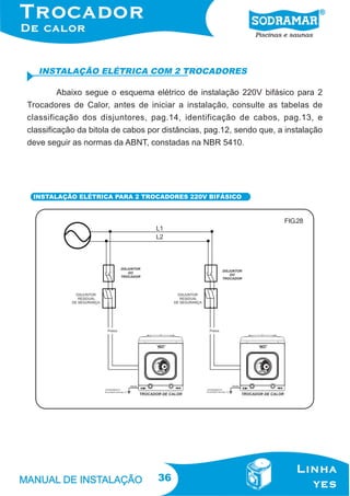 36
Abaixo segue o esquema elétrico de instalação 220V bifásico para 2
Trocadores de Calor, antes de iniciar a instalação, consulte as tabelas de
classificação dos disjuntores, pag.14, identificação de cabos, pag.13, e
classificação da bitola de cabos por distâncias, pag.12, sendo que, a instalação
deve seguir as normas da ABNT, constadas na NBR 5410.
INSTALAÇÃO ELÉTRICA COM 2 TROCADORES
INSTALAÇÃO ELÉTRICA PARA 2 TROCADORES 220V BIFÁSICO
FIG.28
 