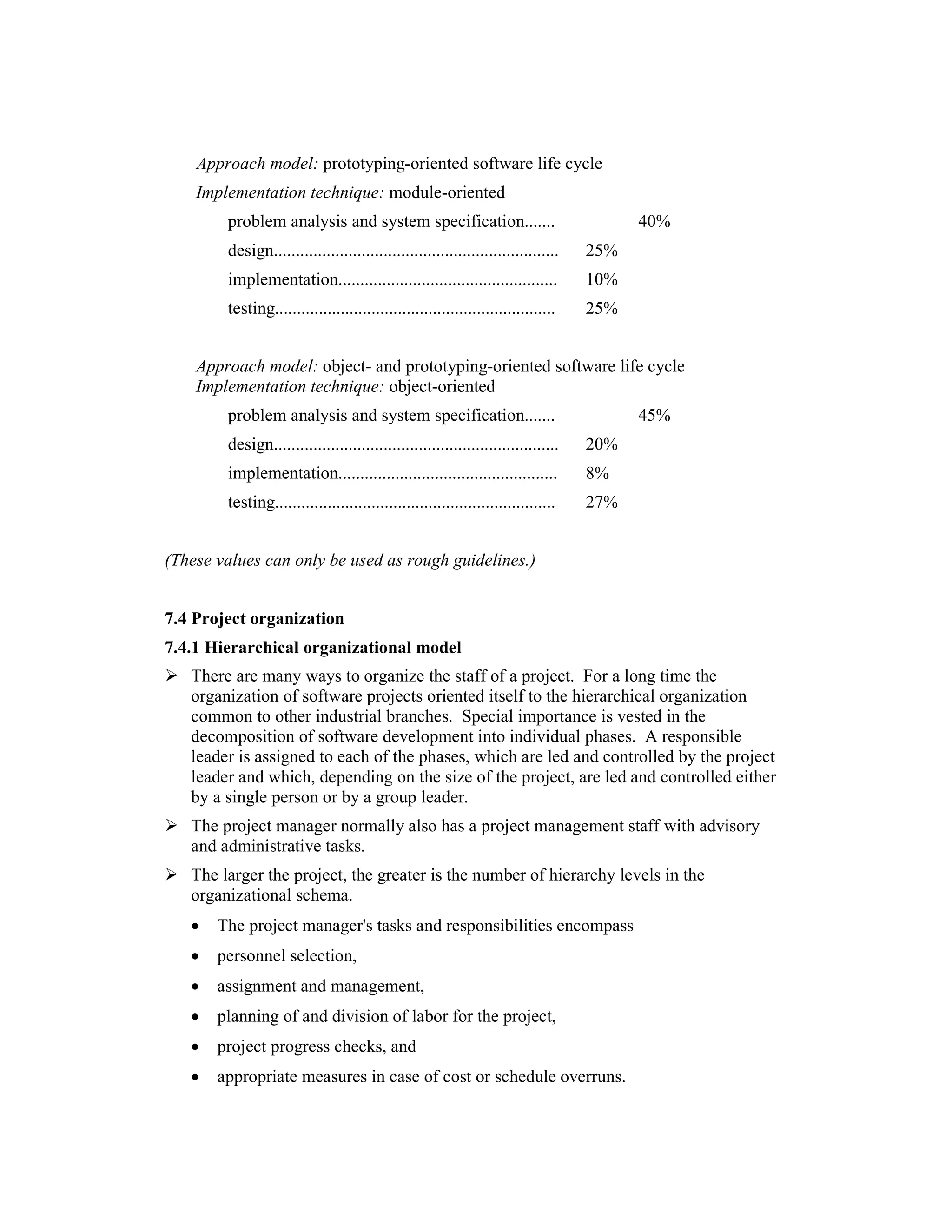 Approach model: prototyping-oriented software life cycle
    Implementation technique: module-oriented
        problem analysis and system specification.......                                40%
        design.................................................................   25%
        implementation..................................................          10%
        testing................................................................   25%


    Approach model: object- and prototyping-oriented software life cycle
    Implementation technique: object-oriented
        problem analysis and system specification.......                                45%
        design.................................................................   20%
        implementation..................................................          8%
        testing................................................................   27%


(These values can only be used as rough guidelines.)


7.4 Project organization
7.4.1 Hierarchical organizational model
   There are many ways to organize the staff of a project. For a long time the
   organization of software projects oriented itself to the hierarchical organization
   common to other industrial branches. Special importance is vested in the
   decomposition of software development into individual phases. A responsible
   leader is assigned to each of the phases, which are led and controlled by the project
   leader and which, depending on the size of the project, are led and controlled either
   by a single person or by a group leader.
   The project manager normally also has a project management staff with advisory
   and administrative tasks.
   The larger the project, the greater is the number of hierarchy levels in the
   organizational schema.
   •   The project manager's tasks and responsibilities encompass
   •   personnel selection,
   •   assignment and management,
   •   planning of and division of labor for the project,
   •   project progress checks, and
   •   appropriate measures in case of cost or schedule overruns.
 