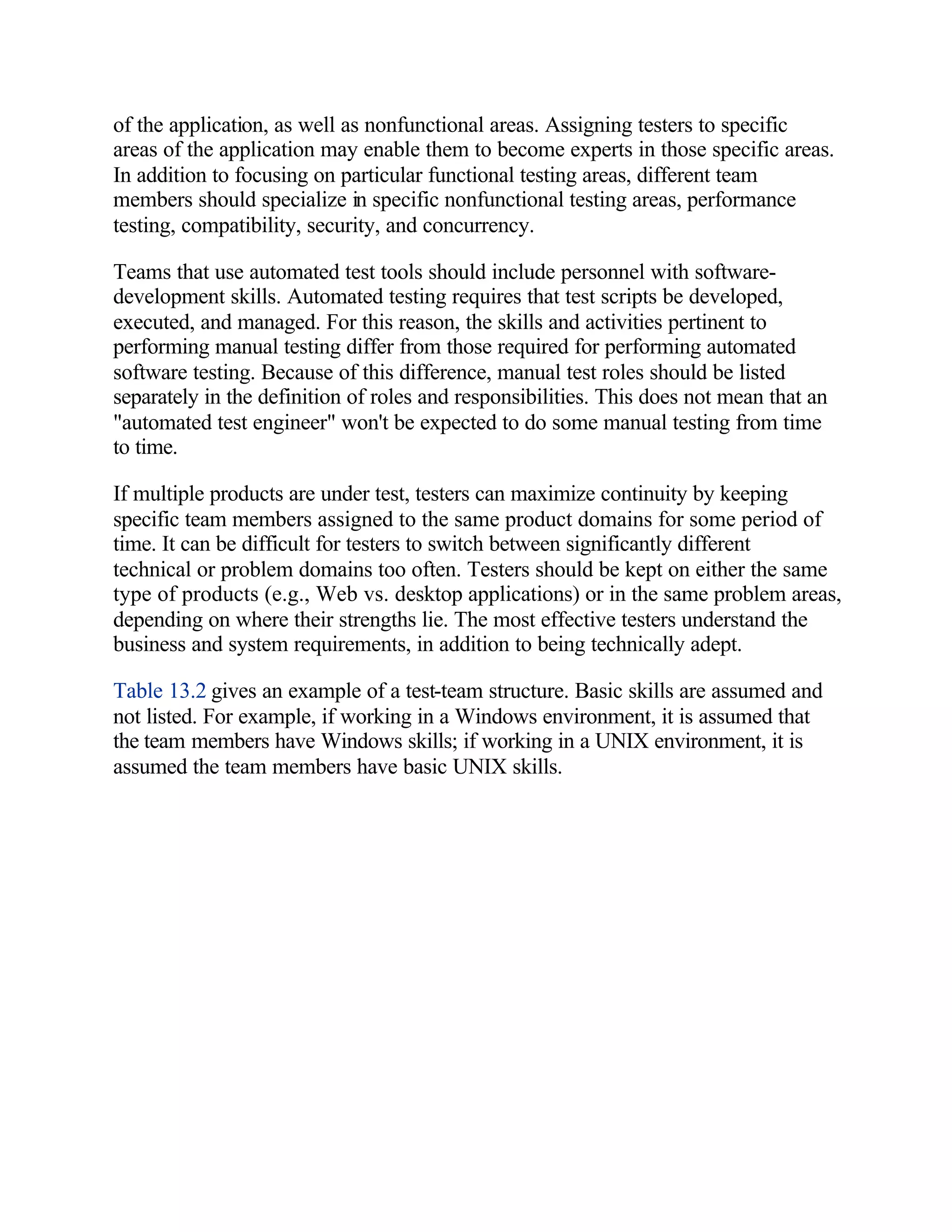of the application, as well as nonfunctional areas. Assigning testers to specific
areas of the application may enable them to become experts in those specific areas.
In addition to focusing on particular functional testing areas, different team
members should specialize in specific nonfunctional testing areas, performance
testing, compatibility, security, and concurrency.

Teams that use automated test tools should include personnel with software-
development skills. Automated testing requires that test scripts be developed,
executed, and managed. For this reason, the skills and activities pertinent to
performing manual testing differ from those required for performing automated
software testing. Because of this difference, manual test roles should be listed
separately in the definition of roles and responsibilities. This does not mean that an
"automated test engineer" won't be expected to do some manual testing from time
to time.

If multiple products are under test, testers can maximize continuity by keeping
specific team members assigned to the same product domains for some period of
time. It can be difficult for testers to switch between significantly different
technical or problem domains too often. Testers should be kept on either the same
type of products (e.g., Web vs. desktop applications) or in the same problem areas,
depending on where their strengths lie. The most effective testers understand the
business and system requirements, in addition to being technically adept.

Table 13.2 gives an example of a test-team structure. Basic skills are assumed and
not listed. For example, if working in a Windows environment, it is assumed that
the team members have Windows skills; if working in a UNIX environment, it is
assumed the team members have basic UNIX skills.
 