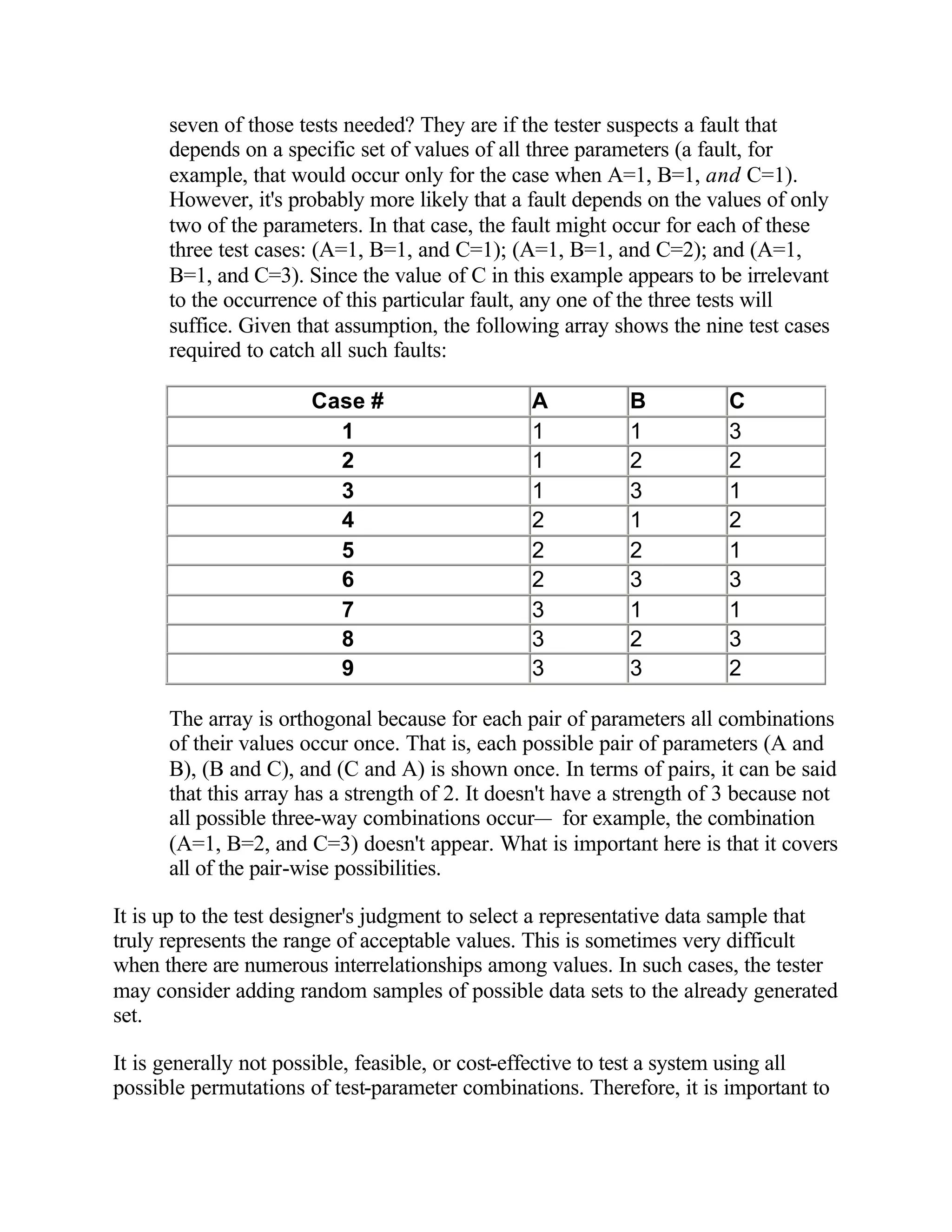 seven of those tests needed? They are if the tester suspects a fault that
      depends on a specific set of values of all three parameters (a fault, for
      example, that would occur only for the case when A=1, B=1, and C=1).
      However, it's probably more likely that a fault depends on the values of only
      two of the parameters. In that case, the fault might occur for each of these
      three test cases: (A=1, B=1, and C=1); (A=1, B=1, and C=2); and (A=1,
      B=1, and C=3). Since the value of C in this example appears to be irrelevant
      to the occurrence of this particular fault, any one of the three tests will
      suffice. Given that assumption, the following array shows the nine test cases
      required to catch all such faults:

                       Case #                    A           B          C
                         1                       1           1          3
                         2                       1           2          2
                         3                       1           3          1
                         4                       2           1          2
                         5                       2           2          1
                         6                       2           3          3
                         7                       3           1          1
                         8                       3           2          3
                         9                       3           3          2

      The array is orthogonal because for each pair of parameters all combinations
      of their values occur once. That is, each possible pair of parameters (A and
      B), (B and C), and (C and A) is shown once. In terms of pairs, it can be said
      that this array has a strength of 2. It doesn't have a strength of 3 because not
      all possible three-way combinations occur— for example, the combination
      (A=1, B=2, and C=3) doesn't appear. What is important here is that it covers
      all of the pair-wise possibilities.

It is up to the test designer's judgment to select a representative data sample that
truly represents the range of acceptable values. This is sometimes very difficult
when there are numerous interrelationships among values. In such cases, the tester
may consider adding random samples of possible data sets to the already generated
set.

It is generally not possible, feasible, or cost-effective to test a system using all
possible permutations of test-parameter combinations. Therefore, it is important to
 