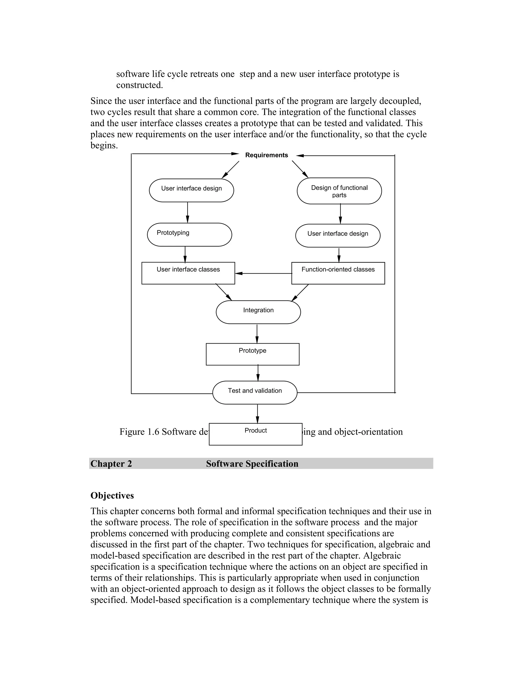 software life cycle retreats one step and a new user interface prototype is
      constructed.
Since the user interface and the functional parts of the program are largely decoupled,
two cycles result that share a common core. The integration of the functional classes
and the user interface classes creates a prototype that can be tested and validated. This
places new requirements on the user interface and/or the functionality, so that the cycle
begins.
                                                Requirements




                  User interface design                            Design of functional
                                                                          parts




                 Prototyping                                     User interface design




                 User interface classes                         Function-oriented classes
                                                                        Product




                                               Integration




                                             Prototype




                                          Test and validation




       Figure 1.6 Software development with prototyping and object-orientation
                                     Product




Chapter 2                         Software Specification


Objectives
This chapter concerns both formal and informal specification techniques and their use in
the software process. The role of specification in the software process and the major
problems concerned with producing complete and consistent specifications are
discussed in the first part of the chapter. Two techniques for specification, algebraic and
model-based specification are described in the rest part of the chapter. Algebraic
specification is a specification technique where the actions on an object are specified in
terms of their relationships. This is particularly appropriate when used in conjunction
with an object-oriented approach to design as it follows the object classes to be formally
specified. Model-based specification is a complementary technique where the system is
 