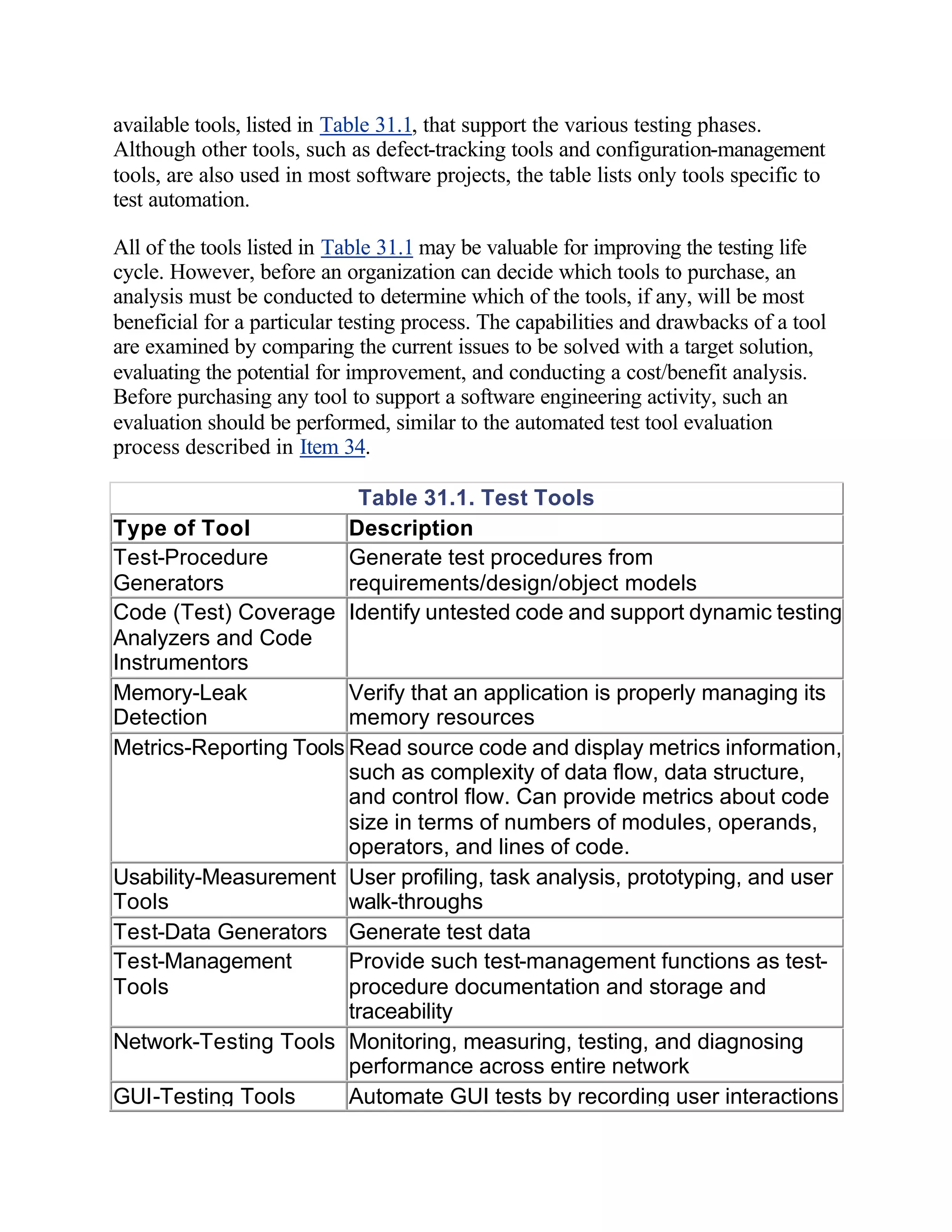 available tools, listed in Table 31.1, that support the various testing phases.
Although other tools, such as defect-tracking tools and configuration-management
tools, are also used in most software projects, the table lists only tools specific to
test automation.

All of the tools listed in Table 31.1 may be valuable for improving the testing life
cycle. However, before an organization can decide which tools to purchase, an
analysis must be conducted to determine which of the tools, if any, will be most
beneficial for a particular testing process. The capabilities and drawbacks of a tool
are examined by comparing the current issues to be solved with a target solution,
evaluating the potential for improvement, and conducting a cost/benefit analysis.
Before purchasing any tool to support a software engineering activity, such an
evaluation should be performed, similar to the automated test tool evaluation
process described in Item 34.

                         Table 31.1. Test Tools
Type of Tool            Description
Test-Procedure          Generate test procedures from
Generators              requirements/design/object models
Code (Test) Coverage Identify untested code and support dynamic testing
Analyzers and Code
Instrumentors
Memory-Leak             Verify that an application is properly managing its
Detection               memory resources
Metrics-Reporting Tools Read source code and display metrics information,
                        such as complexity of data flow, data structure,
                        and control flow. Can provide metrics about code
                        size in terms of numbers of modules, operands,
                        operators, and lines of code.
Usability-Measurement User profiling, task analysis, prototyping, and user
Tools                   walk-throughs
Test-Data Generators Generate test data
Test-Management         Provide such test-management functions as test-
Tools                   procedure documentation and storage and
                        traceability
Network-Testing Tools Monitoring, measuring, testing, and diagnosing
                        performance across entire network
GUI-Testing Tools       Automate GUI tests by recording user interactions
 