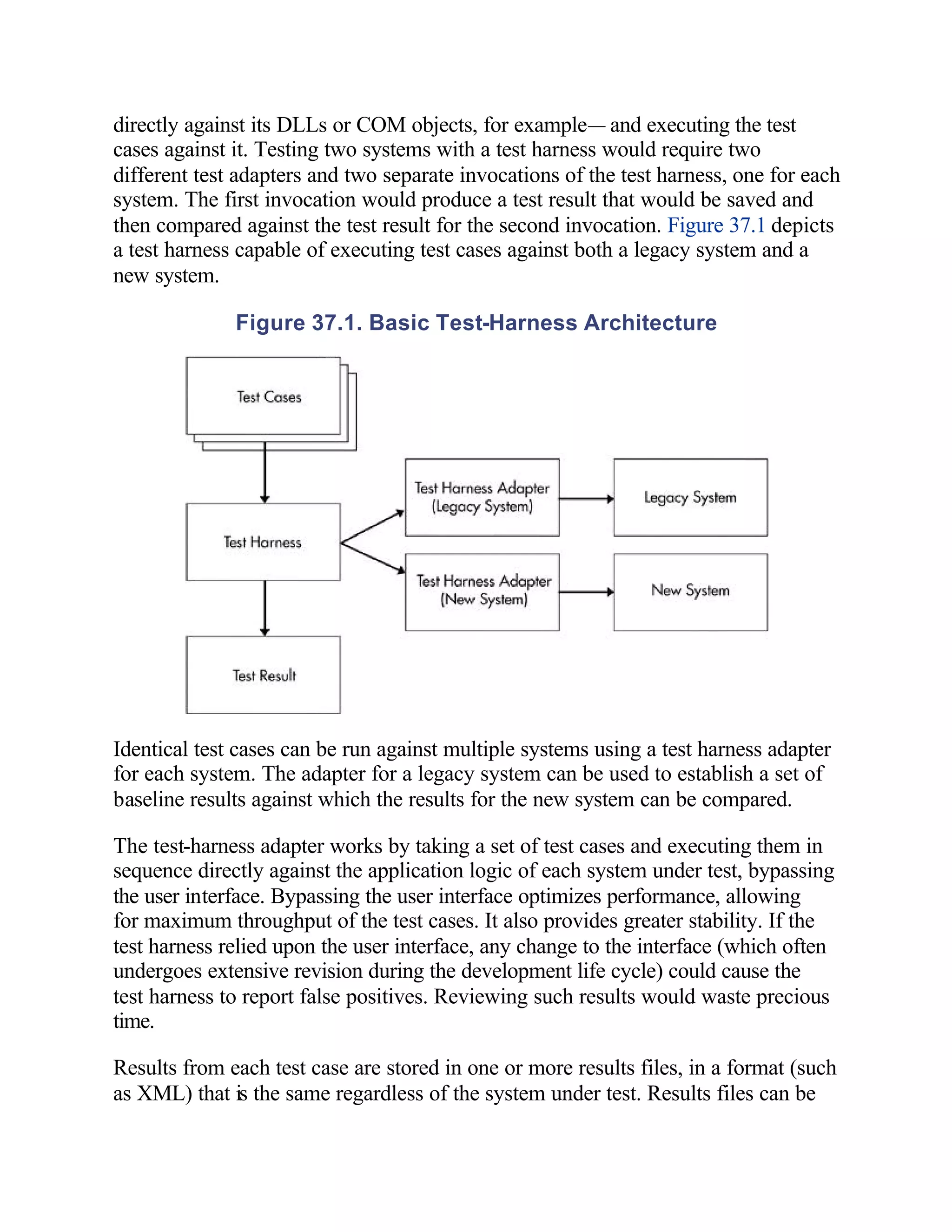 directly against its DLLs or COM objects, for example— and executing the test
cases against it. Testing two systems with a test harness would require two
different test adapters and two separate invocations of the test harness, one for each
system. The first invocation would produce a test result that would be saved and
then compared against the test result for the second invocation. Figure 37.1 depicts
a test harness capable of executing test cases against both a legacy system and a
new system.

              Figure 37.1. Basic Test-Harness Architecture




Identical test cases can be run against multiple systems using a test harness adapter
for each system. The adapter for a legacy system can be used to establish a set of
baseline results against which the results for the new system can be compared.

The test-harness adapter works by taking a set of test cases and executing them in
sequence directly against the application logic of each system under test, bypassing
the user interface. Bypassing the user interface optimizes performance, allowing
for maximum throughput of the test cases. It also provides greater stability. If the
test harness relied upon the user interface, any change to the interface (which often
undergoes extensive revision during the development life cycle) could cause the
test harness to report false positives. Reviewing such results would waste precious
time.

Results from each test case are stored in one or more results files, in a format (such
as XML) that is the same regardless of the system under test. Results files can be
 