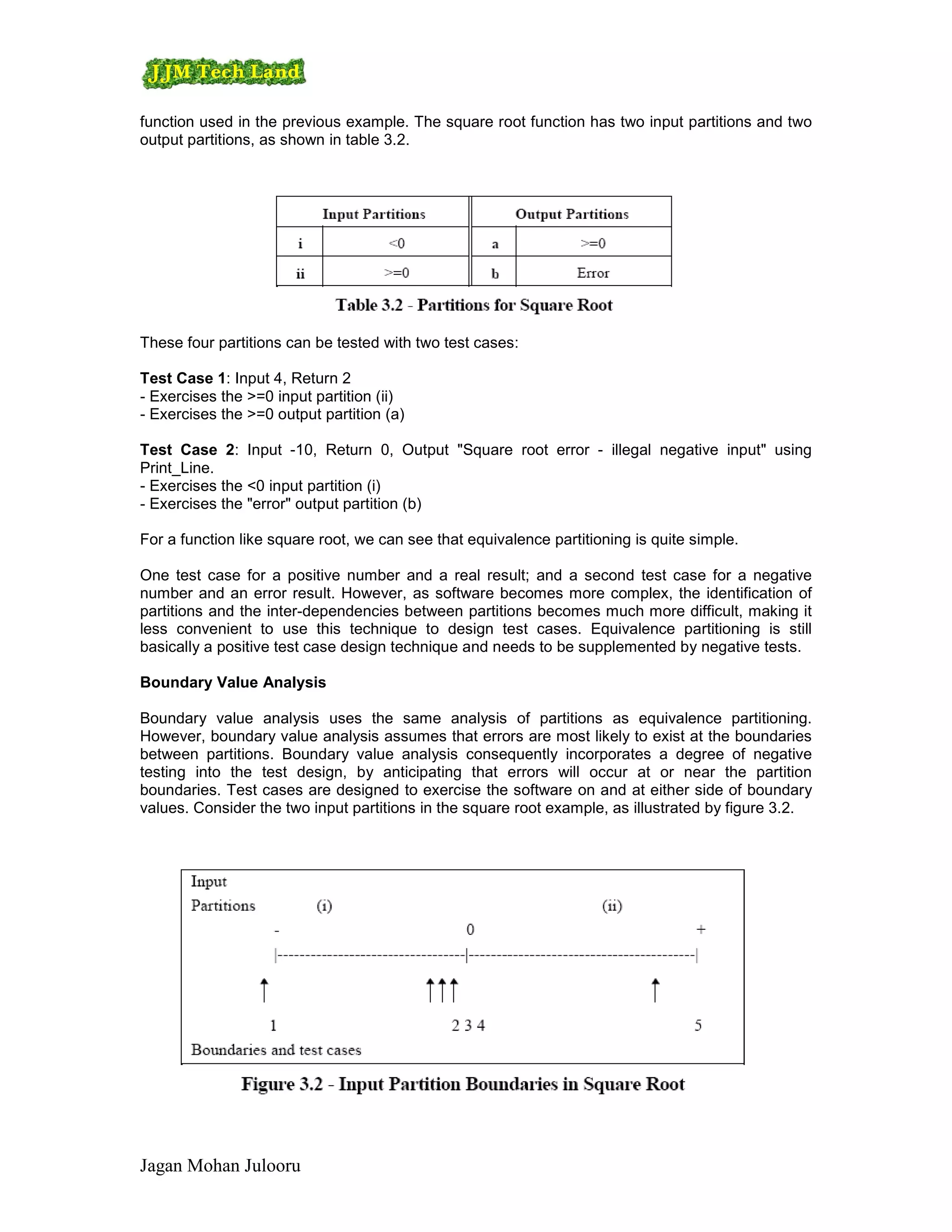 function used in the previous example. The square root function has two input partitions and two
output partitions, as shown in table 3.2.




These four partitions can be tested with two test cases:

Test Case 1: Input 4, Return 2
- Exercises the >=0 input partition (ii)
- Exercises the >=0 output partition (a)

Test Case 2: Input -10, Return 0, Output "Square root error - illegal negative input" using
Print_Line.
- Exercises the <0 input partition (i)
- Exercises the "error" output partition (b)

For a function like square root, we can see that equivalence partitioning is quite simple.

One test case for a positive number and a real result; and a second test case for a negative
number and an error result. However, as software becomes more complex, the identification of
partitions and the inter-dependencies between partitions becomes much more difficult, making it
less convenient to use this technique to design test cases. Equivalence partitioning is still
basically a positive test case design technique and needs to be supplemented by negative tests.

Boundary Value Analysis

Boundary value analysis uses the same analysis of partitions as equivalence partitioning.
However, boundary value analysis assumes that errors are most likely to exist at the boundaries
between partitions. Boundary value analysis consequently incorporates a degree of negative
testing into the test design, by anticipating that errors will occur at or near the partition
boundaries. Test cases are designed to exercise the software on and at either side of boundary
values. Consider the two input partitions in the square root example, as illustrated by figure 3.2.




Jagan Mohan Julooru
 