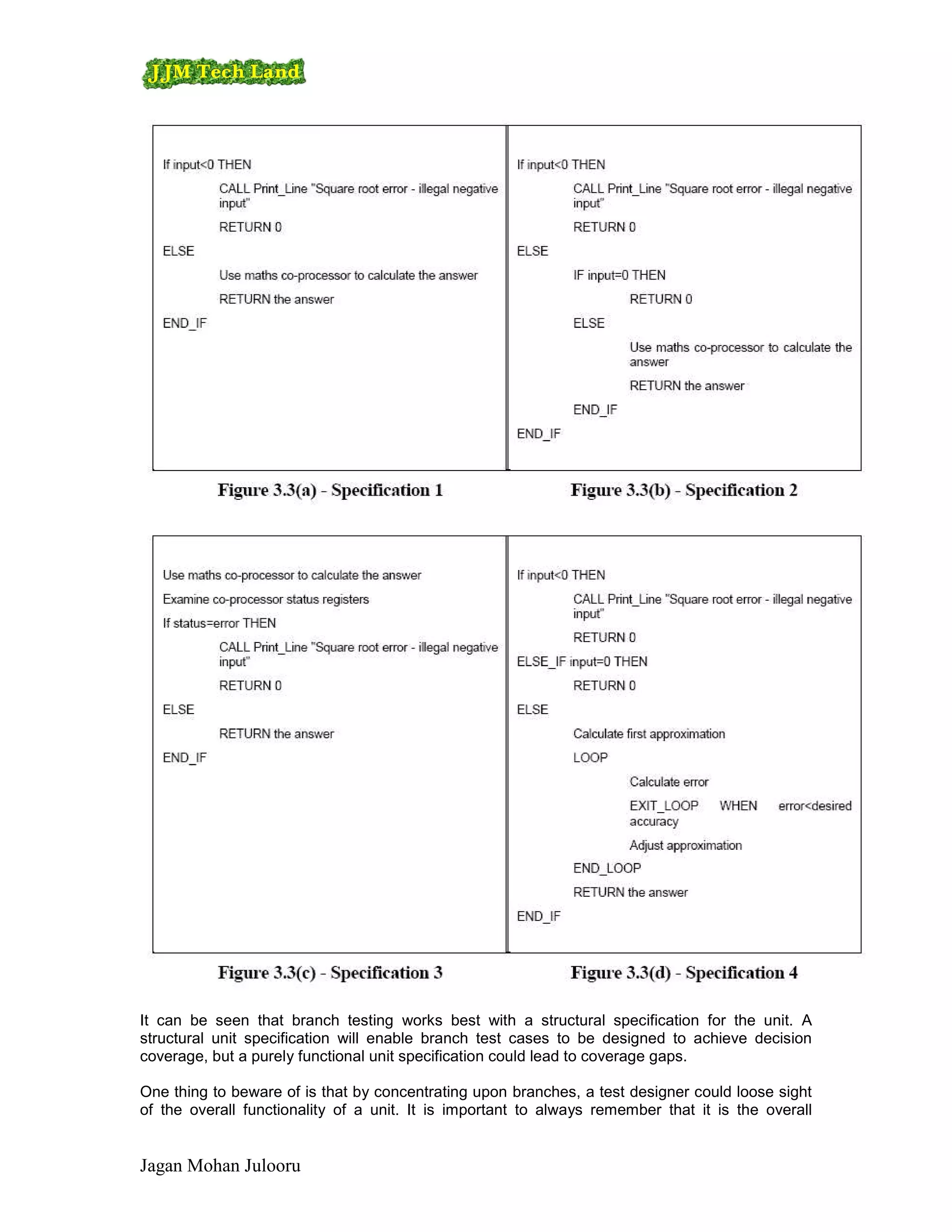 It can be seen that branch testing works best with a structural specification for the unit. A
structural unit specification will enable branch test cases to be designed to achieve decision
coverage, but a purely functional unit specification could lead to coverage gaps.

One thing to beware of is that by concentrating upon branches, a test designer could loose sight
of the overall functionality of a unit. It is important to always remember that it is the overall


Jagan Mohan Julooru
 