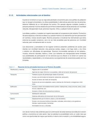 Módulo I: Turismo Accesible – definición y contexto I - 47
5.1.5 Actividades relacionadas con el destino
Cuando en el entorno al que se viaja está planteado únicamente para unos perfiles de población
que no recoge la diversidad y no ofrece posibilidades ni alternativas para todo tipo de personas,
estamos hablando de un mal ejemplo de turismo. Por ejemplo algunas ciudades, pueblos o
parques presentan muchos obstáculos que limitan la deambulación de las personas con movilidad
reducida, discapacidad visual, personas mayores, niños y cualquier turista en general.
Las aldeas, pueblos y ciudades son lugares esenciales en la experiencia del visitante. El atractivo
de estos espacios a menudo se refiere a su carácter histórico con elementos que han permanecido
sin cambios, incluso durante siglos. Muchos proyectos e iniciativas han demostrado que estos
entornos se pueden conservar y ser a la vez más accesibles para las personas con movilidad
reducida, pero normalmente esto no ocurre.
Las atracciones y actividades en los lugares turísticos presentan problemas de acceso para
clientes con movilidad reducida o las personas sordas, ciegas o con baja visión, y los niños
o adultos con dificultades de aprendizaje. Tenemos innumerables ejemplos en los estadios.,
museos, entornos naturales, teatros y cines. Los visitantes con discapacidad tienen limitadas
sus posibilidades de participación en los servicios que se ofrecen si no tienen en cuenta sus
necesidades y capacidades y, en consecuencia, sus experiencias de vacaciones pueden ser muy
limitadas.
Tabla 5.1 Resumen de las principales barreras en el Turismo Accesible
Planificación y reservas Páginas web no accesibles
Agencias de viajes: Entornos no accesibles y falta de formación del personal
Transporte Traslado al punto de partida/origen desde el domicilio.
Acceso a las terminales de transporte: estaciones, aeropuerto.
Acceso al interior del medio de transporte.
Ausencia de servicios adaptados: aseos, sistemas de información, emergencias, entre
otros.
Edificación Accesos e interior del establecimiento turístico: habitaciones, zonas comunes, aseos, zonas 

de ocio, deportivas, etc.

Accesos e interior de otros atractivos turísticos.

Comunicación Señalización adecuada
Sistemas alternativos de transmisión de la información
Destino Desplazamiento por el entorno urbano y rural del destino.
Acceso a los recursos turísticos (naturales, culturales, entre otros) y a los genéricos 

(tiendas, supermercados, farmacias)

Actividades de ocio y culturales.

Uno de los motivos más evidentes para la no eliminación de estas barreras es la falta de inversión
política y económica en este sector. Aquí se plantea la accesibilidad como un coste más que
como una oportunidad de mejora que tendrá un retorno de la inversión y una rentabilidad segura.
 