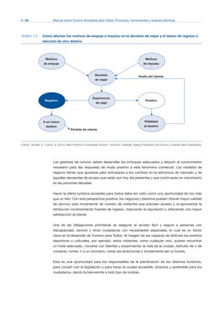 I - 64 Manual sobre Turismo Accesible para Todos: Principios, herramientas y buenas prácticas
Gráfico 7.2 Cómo afectan los motivos de empuje e impulso en la decisión de viajar y el deseo de regreso o
elección de otro destino
Motivos
de empuje
Decisión
de viajar
Experiencia
de viaje
Vuelta del cliente
Pérdida de cliente
Fidelidad
al destino
Positivo
Motivos
de impulso
Negativo
A un nuevo
destino
Fuente: Buhalis, D. y Darcy, S. (2012), Best Practice in Accessible Tourism – Inclusion, Disability, Ageing Population and Tourism, Channel View Publications.
Los gestores de turismo deben desarrollar los enfoques adecuados y adquirir el conocimiento
necesario para dar respuesta de modo positivo a este fenómeno comercial. Los modelos de
negocio tienen que ajustarse para anticiparse a los cambios en la estructura de mercado y de
aquellas demandas de acceso que están aún hoy día presentes y que continuarán en crecimiento
en las próximas décadas.
Hacer la oferta turística accesible para todos debe ser visto como una oportunidad de oro más
que un reto. Con esta perspectiva positiva, los negocios y destinos pueden ofrecer mayor calidad
de servicio para incrementar de número de visitantes que precisan acceso y re-aprovechar la
retribución incrementando fuentes de ingreso, mejorando la reputación y ofreciendo una mayor
satisfacción al cliente.
Una de las obligaciones prioritarias es asegurar el acceso fácil y seguro a personas con
discapacidad, seniors y otros ciudadanos con necesidades especiales, lo cual es un factor
clave en el desarrollo de Turismo para Todos. Al margen de ser capaces de disfrutar los eventos
deportivos o culturales, por ejemplo, estos visitantes, como cualquier otro, quieren encontrar
un hotel adecuado, moverse con libertad y experimentar la vida de la ciudad, disfrutar de ir de
compras, comer, ir a un concierto, visitar las atracciones o simplemente ser un turista.
Esta es una oportunidad para los responsables de la planificación de los destinos turísticos,
para cumplir con la legislación y para hacer la ciudad accesible, atractiva y sostenible para los
ciudadanos, dando la bienvenida a todo tipo de turistas.
 