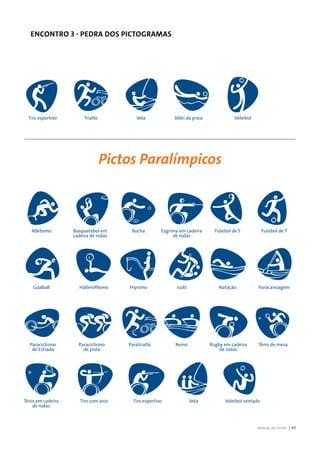 MANUAL DO TUTOR 93
ENCONTRO 3 - PEDRA DOS PICTOGRAMAS
Pictos Paralímpicos
Tiro esportivo
Atletismo
Goalball Halterofilismo
Triatlo
Basquetebol em
cadeira de rodas
Esgrima em cadeira
de rodas
Paraciclismo
de Estrada
Tênis de mesaParaciclismo
de pista
Tênis em cadeira
de rodas
Rugby em cadeira
de rodas
Voleibol sentado
Judô
Vela
Bocha
Hipismo
Tiro com arco
Vôlei de praia Voleibol
Futebol de 5
Natação
Remo
Vela
Paratriatlo
Tiro esportivo
Futebol de 7
Paracanoagem
 