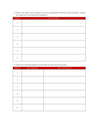 3. Vuelve a leer todo el texto y después de recorrer cada párrafo, identifica su idea principal. Compara
   tus respuestas con al menos dos compañeros.
PÁRRAFO                                          IDEA PRINCIPAL

    1


    2


    3


    4


    5


    6


4. Escribe con tus propias palabras el contenido de cada uno de los párrafos.
PÁRRAFO            IDEA PRINCIPAL                              NUEVA REDACCIÓN

    1


    2


    3


    4


    5


    6
 