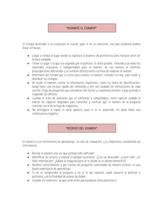 DURANTE EL EXAMEN



El tiempo destinado a su resolución es crucial, pues si no es suficiente, esa sola condición podría
llevar al fracaso.

       Llegar a tiempo al lugar donde se explicará el examen, de preferencia unos minutos antes de
        la hora señalada.
       Tomar tu lugar o el que sea asignado por el profesor, lo antes posible, teniendo a la mano los
        materiales necesarios e indispensables para el examen; de esa manera se eliminan
        preocupaciones adicionales y se evitaran distracciones a la hora de empezar el examen.
       Informarse del tiempo que se tiene para resolver el examen; consulta tu reloj, para medir y
        distribuir tus tiempos.
       Al recibir el examen, anotar la información importante, como tus datos de identificación;
        luego hacer una lectura rápida del contenido y leer con cuidado las instrucciones de cada
        sección. Elige las preguntas que consideras más fáciles y resuélvelas primero; luego procede a
        responder las difíciles.
       Cuando se trate de exámenes que se calificarán a computadora, tener especial cuidado al
        marcar los espacios asignados para contestar y verificar que el número de la pregunta
        coincida con el de la hoja de respuestas.
       No arriesgarse a copiar ni sacar apuntes, pues si se te sorprende, sin duda habrá una
        consecuencia negativa.



                                      DESPUÉS DEL EXAMEN



El examen es un instrumento de aprendizaje, no sólo de evaluación, y es importante considerarlo de
ésta manera.

       Revisar el examen una vez que ya haya sido calificado.
       Identificar los errores y analizar el porqué ocurrieron. (¿Fue un descuido?, ¿Leíste mal?, ¿Te
        faltó información?, ¿Sabías la respuesta pero se te olvidó en el último momento?).
       Resolver correctamente y por escrito las preguntas contestadas de manera errónea; es una
        buena experiencia de aprendizaje.
       Si no se comprendió la pregunta y no se le dio solución, pedir asesoría al profesor o
        profesora, con la finalidad de aclarar las dudas.
       Guardar los exámenes, ya que serán útiles para preparar otros posteriores.
 