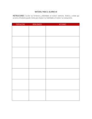 MATERIAL PARA EL ALUMNO #2

INSTRUCCIONES: Escribe tus fortalezas y debilidades al resolver exámenes. Analiza y señala qué
acciones inmediatas puedes tomar para mejorar tus habilidades al resolver tus evaluaciones:


    FORTALEZAS              DEBILIDADES                          ACCIONES
 