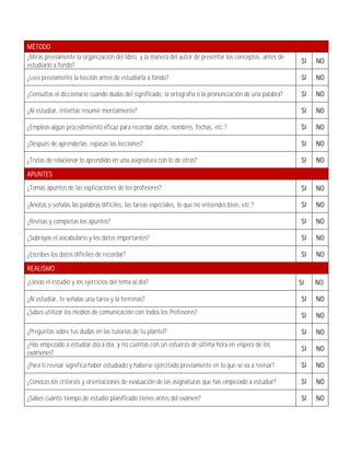MÉTODO
¿Miras previamente la organización del libro, y la manera del autor de presentar los conceptos, antes de
                                                                                                            SI   NO
estudiarlo a fondo?
¿Lees previamente la lección antes de estudiarla a fondo?                                                   SI   NO

¿Consultas el diccionario cuando dudas del significado, la ortografía o la pronunciación de una palabra?    SI   NO

¿Al estudiar, intentas resumir mentalmente?                                                                 SI   NO

¿Empleas algún procedimiento eficaz para recordar datos, nombres, fechas, etc.?                             SI   NO

¿Después de aprenderlas, repasas las lecciones?                                                             SI   NO

¿Tratas de relacionar lo aprendido en una asignatura con lo de otras?                                       SI   NO

APUNTES
¿Tomas apuntes de las explicaciones de los profesores?                                                      SI   NO

¿Anotas o señalas las palabras difíciles, las tareas especiales, lo que no entiendes bien, etc.?            SI   NO

¿Revisas y completas los apuntes?                                                                           SI   NO

¿Subrayas el vocabulario y los datos importantes?                                                           SI   NO

¿Escribes los datos difíciles de recordar?                                                                  SI   NO

REALISMO
¿Llevas el estudio y los ejercicios del tema al día?                                                       SI    NO

¿Al estudiar, te señalas una tarea y la terminas?                                                           SI   NO
¿Sabes utilizar los medios de comunicación con todos los Profesores?                                        SI   NO

¿Preguntas sobre tus dudas en las tutorías de tu plantel?                                                   SI   NO
¿Has empezado a estudiar día a día, y no cuentas con un esfuerzo de última hora en víspera de los
                                                                                                            SI   NO
exámenes?
¿Para ti revisar significa haber estudiado y haberse ejercitado previamente en lo que se va a revisar?      SI   NO

¿Conoces los criterios y orientaciones de evaluación de las asignaturas que has empezado a estudiar?        SI   NO

¿Sabes cuánto tiempo de estudio planificado tienes antes del examen?                                        SI   NO
 