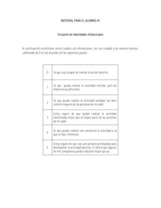 MATERIAL PARA EL ALUMNO #1



                             Encuesta de habilidades intelectuales



A continuación encontrarás varios cuadros con afirmaciones, lee con cuidado y de manera honesta,
calificando de 0 a 5 de acuerdo con las siguientes pautas:




                    0    Sé que soy incapaz de realizar la acción descrita.



                         Sé que puedo realizar la actividad referida, pero de
                    1
                         manera muy deficiente.


                         Sé que puedo realizar la actividad señalada tan bien
                    2
                         como la mayoría de las personas de mi edad.

                         Estoy seguro de que puedo realizar la actividad
                    3    mencionada mejor que la mayor parte de las personas
                         de mi edad.

                         Sé que puedo realizar con excelencia la actividad a la
                    4
                         que se hace referencia.

                         Estoy seguro de que soy una persona privilegiada para
                    5    desempeñar la actividad descrita. Es difícil que alguien
                         de mis compañeros pueda realizarla mejor que yo.
 