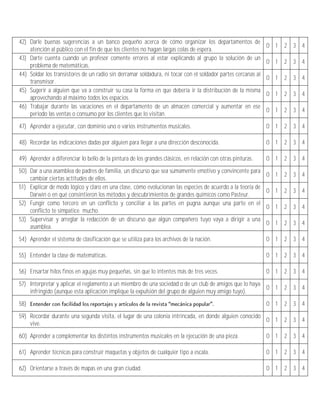 42) Darle buenas sugerencias a un banco pequeño acerca de cómo organizar los departamentos de
                                                                                                              0 1   2   3 4
    atención al público con el fin de que los clientes no hagan largas colas de espera.
43) Darte cuenta cuando un profesor comente errores al estar explicando al grupo la solución de un
                                                                                                              0 1   2   3 4
    problema de matemáticas.
44) Soldar los transistores de un radio sin derramar soldadura, ni tocar con el soldador partes cercanas al
                                                                                                              0 1   2   3 4
    transmisor.
45) Sugerir a alguien que va a construir su casa la forma en que debería ir la distribución de la misma
                                                                                                              0 1   2   3 4
    aprovechando al máximo todos los espacios.
46) Trabajar durante las vacaciones en el departamento de un almacén comercial y aumentar en ese
                                                                                                              0 1   2   3 4
    período las ventas o consumo por los clientes que lo visitan.
47) Aprender a ejecutar, con dominio uno o varios instrumentos musicales.                                     0 1   2   3 4

48) Recordar las indicaciones dadas por alguien para llegar a una dirección desconocida.                      0 1   2   3 4

49) Aprender a diferenciar lo bello de la pintura de los grandes clásicos, en relación con otras pinturas.    0 1   2   3 4
50) Dar a una asamblea de padres de familia, un discurso que sea sumamente emotivo y convincente para
                                                                                                              0 1   2   3 4
    cambiar ciertas actitudes de ellos.
51) Explicar de modo lógico y claro en una clase, cómo evolucionan las especies de acuerdo a la teoría de
                                                                                                              0 1   2   3 4
    Darwin o en qué consintieron los métodos y descubrimientos de grandes químicos como Pasteur.
52) Fungir como tercero en un conflicto y conciliar a las partes en pugna aunque una parte en el
                                                                                                              0 1   2   3 4
    conflicto te simpatice mucho.
53) Supervisar y arreglar la redacción de un discurso que algún compañero tuyo vaya a dirigir a una
                                                                                                              0 1   2   3 4
    asamblea.
54) Aprender el sistema de clasificación que se utiliza para los archivos de la nación.                       0 1   2   3 4

55) Entender la clase de matemáticas.                                                                         0 1   2   3 4

56) Ensartar hilos finos en agujas muy pequeñas, sin que lo intentes más de tres veces.                       0 1   2   3 4
57) Interpretar y aplicar el reglamento a un miembro de una sociedad o de un club de amigos que lo haya
                                                                                                        0 1         2   3 4
    infringido (aunque esta aplicación implique la expulsión del grupo de alguien muy amigo tuyo).
58)                                                                                                           0 1   2   3 4
59) Recordar durante una segunda visita, el lugar de una colonia intrincada, en donde alguien conocido
                                                                                                       0 1          2   3 4
    vive.
60) Aprender a complementar los distintos instrumentos musicales en la ejecución de una pieza.                0 1   2   3 4

61) Aprender técnicas para construir maquetas y objetos de cualquier tipo a escala.                           0 1   2   3 4

62) Orientarse a través de mapas en una gran ciudad.                                                          0 1   2   3 4
 
