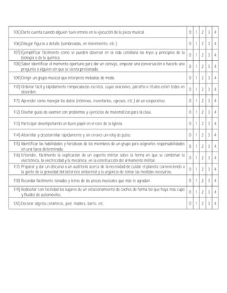 105) Darte cuenta cuando alguien tuvo errores en la ejecución de la pieza musical.                        0 1     2   3 4

106) Dibujar figuras a detalle (sombreadas, en movimiento, etc.).                                         0 1     2   3 4
107) Ejemplificar fácilmente como se pueden observar en la vida cotidiana las leyes y principios de la
                                                                                                       0 1        2   3 4
     biología o de la química.
108) Saber identificar el momento oportuno para dar un consejo, empezar una conversación o hacerle una
                                                                                                       0 1        2   3 4
     pregunta a alguien sin que se sienta presionado.
109) Dirigir un grupo musical que interprete melodías de moda.                                            0 1     2   3 4
110) Ordenar fácil y rápidamente rompecabezas escritos, cuyas oraciones, párrafos o títulos estén todos en
                                                                                                           0 1    2   3 4
     desorden.
111) Aprender cómo manejar los datos (nóminas, inventarios, egresos, etc.) de un corporativo.             0 1     2   3 4

112) Diseñar guías de examen con problemas y ejercicios de matemáticas para la clase.                     0 1     2   3 4

113) Participar desempeñando un buen papel en el coro de la iglesia.                                      0 1     2   3 4

114) Atornillar y desatornillar rápidamente y sin errores un reloj de pulso.                              0 1     2   3 4
115) Identificar las habilidades y fortalezas de los miembros de un grupo para asignarles responsabilidades
                                                                                                            0 1   2   3 4
     en una tarea determinada.
116) Entender, fácilmente la explicación de un experto militar sobre la forma en que se combinan la
                                                                                                            0 1   2   3 4
     electrónica, la electricidad y la mecánica, en la construcción del armamento militar.
117) Preparar y dar un discurso a un auditorio acerca de la necesidad de cuidar el planeta convenciendo a
                                                                                                            0 1   2   3 4
     la gente de la gravedad del deterioro ambiental y la urgencia de tomar las medidas necesarias.
118) Recordar fácilmente tonadas y letras de las piezas musicales que más te agradan.                     0 1     2   3 4
119) Rediseñar con facilidad los lugares de un estacionamiento de coches de forma tal que haya más cupo
                                                                                                        0 1       2   3 4
     y fluidez de automóviles.
120) Decorar objetos cerámicos, piel, madera, barro, etc.                                                 0 1     2   3 4
 