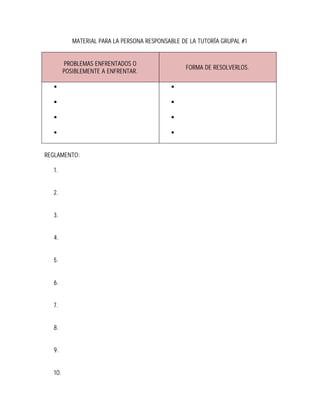 MATERIAL PARA LA PERSONA RESPONSABLE DE LA TUTORÍA GRUPAL #1


        PROBLEMAS ENFRENTADOS O
                                                  FORMA DE RESOLVERLOS.
        POSIBLEMENTE A ENFRENTAR.

                                           

                                           

                                           

                                           


REGLAMENTO:

  1.


  2.


  3.


  4.


  5.


  6.


  7.


  8.


  9.


  10.
 