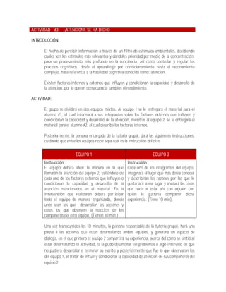 ACTIVIDAD #3      ¡ATENCIÓN!, SE HA DICHO

INTRODUCCIÓN:

      El hecho de percibir información a través de un filtro de estímulos ambientales, decidiendo
      cuáles son los estímulos más relevantes y dándoles prioridad por medio de la concentración,
      para un procesamiento más profundo en la conciencia, así como controlar y regular los
      procesos cognitivos, desde el aprendizaje por condicionamiento hasta el razonamiento
      complejo, hace referencia a la habilidad cognitiva conocida como: atención.

      Existen factores internos y externos que influyen y condicionan la capacidad y desarrollo de
      la atención, por lo que en consecuencia también el rendimiento.

ACTIVIDAD:

      El grupo se dividirá en dos equipos mixtos. Al equipo 1 se le entregará el material para el
      alumno #1, el cual informará a sus integrantes sobre los factores externos que influyen y
      condicionan la capacidad y desarrollo de la atención, mientras al equipo 2, se le entregará el
      material para el alumno #2, el cual describe los factores internos.

      Posteriormente, la persona encargada de la tutoría grupal, dará las siguientes instrucciones,
      cuidando que entre los equipos no se sepa cuál es la instrucción del otro.


                         EQUIPO 1                                         EQUIPO 2
      Instrucción:                                        Instrucción:
      El equipo deberá idear la manera en la que          Cada uno de los integrantes del equipo,
      llamarán la atención del equipo 2, valiéndose de    imaginará el lugar que más desea conocer
      cada uno de los factores externos que influyen o    y describirán las razones por las que le
      condicionan la capacidad y desarrollo de la         gustaría ir a ese lugar y anotará las cosas
      atención mencionados en el material. En la          que haría al estar ahí con alguien con
      intervención que realizarán deberá participar       quien le gustaría compartir dicha
      todo el equipo de manera organizada, donde          experiencia. (Tiene 10 min).
      unos sean los que desarrollen las acciones y
      otros los que observen la reacción de los
      compañeros del otro equipo. (Tienen 10 min.)

      Una vez transcurridos los 10 minutos, la persona responsable de la tutoría grupal, hará una
      pausa a las acciones que están desarrollando ambos equipos, y generará un espacio de
      diálogo, en el que primero el equipo 2 compartirá su experiencia, acerca del cómo se sintió al
      estar desarrollando la actividad, si la pudo desarrollar sin problemas o algo intervino en que
      no pudiera desarrollar o terminar su escrito y posteriormente que fue lo que observaron los
      del equipo 1, al tratar de influir y condicionar la capacidad de atención de sus compañeros del
      equipo 2.
 