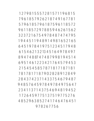 1279815557281571196815
7961857926218749167781
5796185796187596118572
9611857297885946261562
3237216754978487474795
1944511948914981652165
6451978419751234517948
6 1 5 4 6 2 1 3 2 13 4 5 1 6 4 9 7 8 4 9 7
8 9 4 7 4 8 87 4 7 4 8 7 9 9 8 1 9 4 5 1 4
6951461223421764579453
2154545857871817187181
7817817187902828912849
2843742371433754679487
9485764597849784975647
2341137143754694819452
1726459775137519775276
4852963852741746476451
             978267756
 