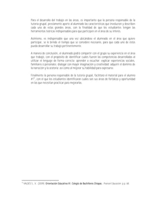 Para el desarrollo del trabajo en las áreas, es importante que la persona responsable de la
            tutoría grupal, previamente aporte al alumnado las características que involucran y describen
            cada una de estas grandes áreas, con la finalidad de que los estudiantes tengan las
            herramientas teóricas indispensables para que participen en el área de su interés.

            Asimismo, es indispensable que una vez ubicándose el alumnado en el área que quiere
            participar, se le brinde el tiempo que se considere necesario, para que cada uno de éstos
            pueda desarrollar su trabajo pertinentemente.

            A manera de conclusión, el alumnado podrá compartir con el grupo su experiencia en el área
            que trabajó, con el propósito de identificar cuáles fueron las competencias desarrolladas al
            utilizar el lenguaje de forma correcta; aprender a escuchar; explicar experiencias sociales,
            familiares o personales; dialogar con mayor imaginación y creatividad; adquirir el dominio de
            la narración y la oratoria; así como al mejorar su habilidad para expresarse.

            Finalmente la persona responsable de la tutoría grupal, facilitará el material para el alumno
            #120, con el que los estudiantes identificarán cuáles son sus áreas de fortaleza y oportunidad
            en las que necesitan practicar para mejorarlas.




20
     VALDÉS S., V.; (2009); Orientación Educativa VI. Colegio de Bachilleres Chiapas.; Pearson Educación; p.p. 68.
 