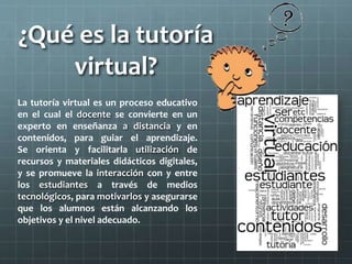 ¿Qué es la tutoría
virtual?
La tutoría virtual es un proceso educativo
en el cual el docente se convierte en un
experto en enseñanza a distancia y en
contenidos, para guiar el aprendizaje.
Se orienta y facilitarla utilización de
recursos y materiales didácticos digitales,
y se promueve la interacción con y entre
los estudiantes a través de medios
tecnológicos, para motivarlos y asegurarse
que los alumnos están alcanzando los
objetivos y el nivel adecuado.
 