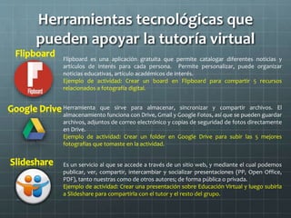 Herramientas tecnológicas que
pueden apoyar la tutoría virtual
Flipboard es una aplicación gratuita que permite catalogar diferentes noticias y
artículos de interés para cada persona. Permite personalizar, puede organizar
noticias educativas, artículo académicos de interés.
Ejemplo de actividad: Crear un board en Flipboard para compartir 5 recursos
relacionados a fotografía digital.
Herramienta que sirve para almacenar, sincronizar y compartir archivos. El
almacenamiento funciona con Drive, Gmail y Google Fotos, así que se pueden guardar
archivos, adjuntos de correo electrónico y copias de seguridad de fotos directamente
en Drive.
Ejemplo de actividad: Crear un folder en Google Drive para subir las 5 mejores
fotografías que tomaste en la actividad.
Es un servicio al que se accede a través de un sitio web, y mediante el cual podemos
publicar, ver, compartir, intercambiar y socializar presentaciones (PP, Open Office,
PDF), tanto nuestras como de otros autores; de forma pública o privada.
Ejemplo de actividad: Crear una presentación sobre Educación Virtual y luego subirla
a Slideshare para compartirla con el tutor y el resto del grupo.
 