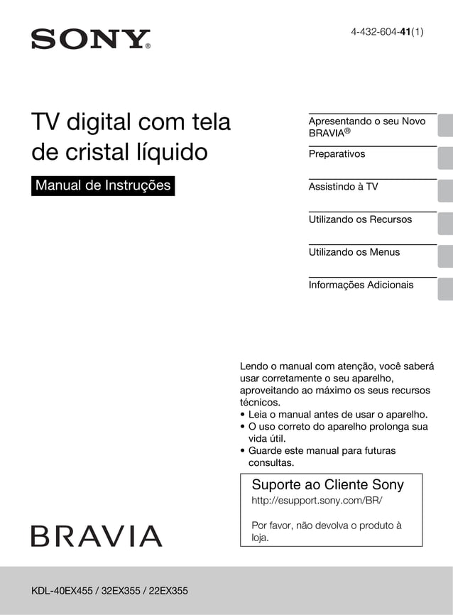 Manual tv sony bravia modelo kdl ex355 ex455-pt | PDF