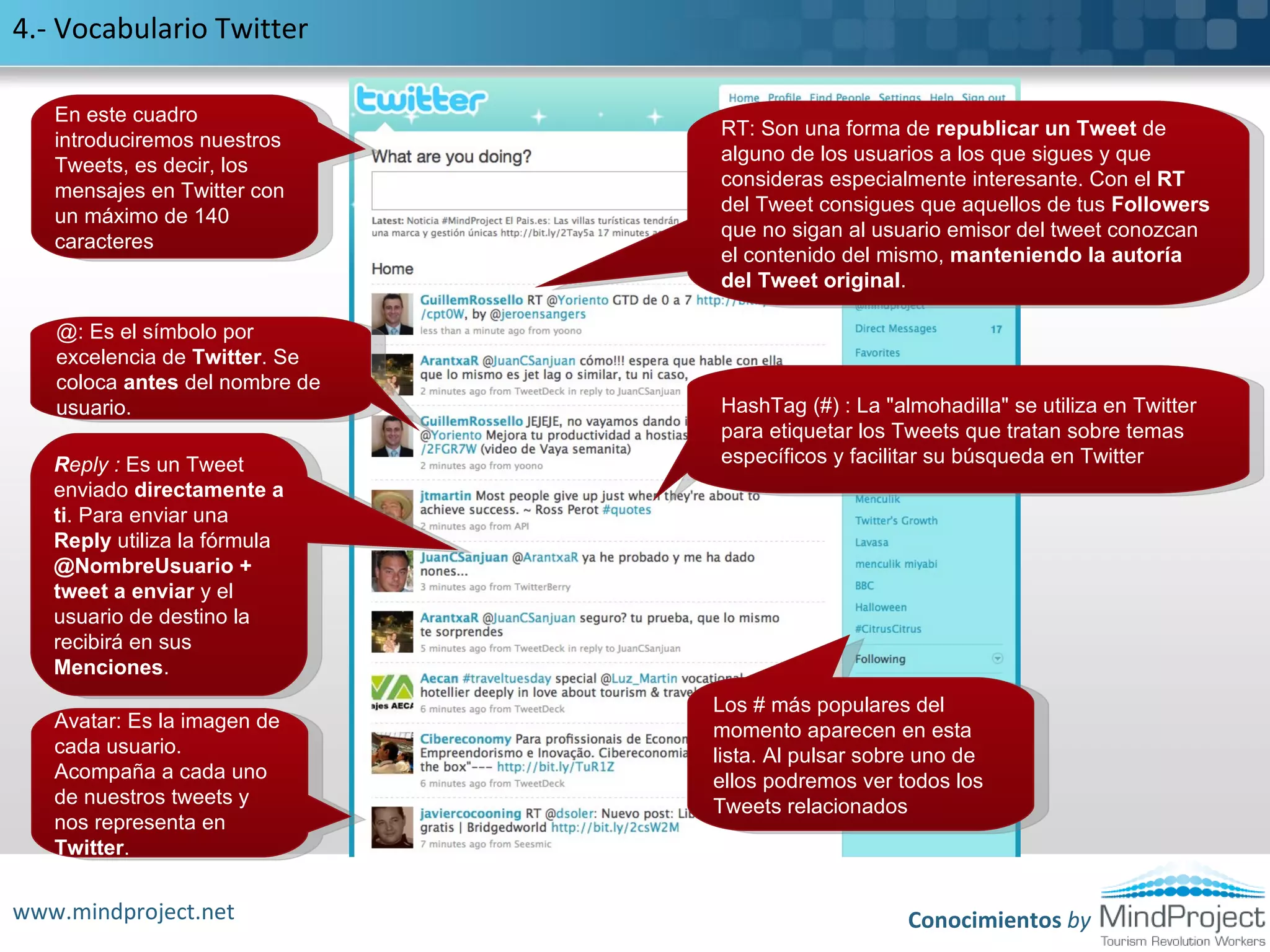 1.- Crear una cuentaVisita www.twitter.comEmpezar el RegistroDesde la Home de Twitter podemos buscar todos los Twitts que hagan referencia a las palabras clave que introducimos en el cajetínAl pulsar en cualquiera de las palabras clave más populares, Twitter nos muestra toda la información relacionada con las mismas.Twitter es multi-idioma. Puedes seleccionar tu idioma preferido aquí.www.mindproject.netConocimientos by