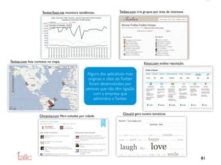 TwitterStats.net monitora tendências.              Twibes.com cria grupos por área de interesse.




Twittas.com lista contatos no mapa.                                                       Klout.com analisa reputação.


                                                      Alguns dos aplicativos mais
                                                      originais e úteis do Twitter
                                                       foram desenvolvidos por
                                                     pessoas que não têm ligação
                                                          com a empresa que
                                                          administra o Twitter.


                                                                           Cloud.li gera nuvens temáticas.
                    Chirpcity.com ﬁltra tuitadas por cidade.




                                                                                                                         81
 