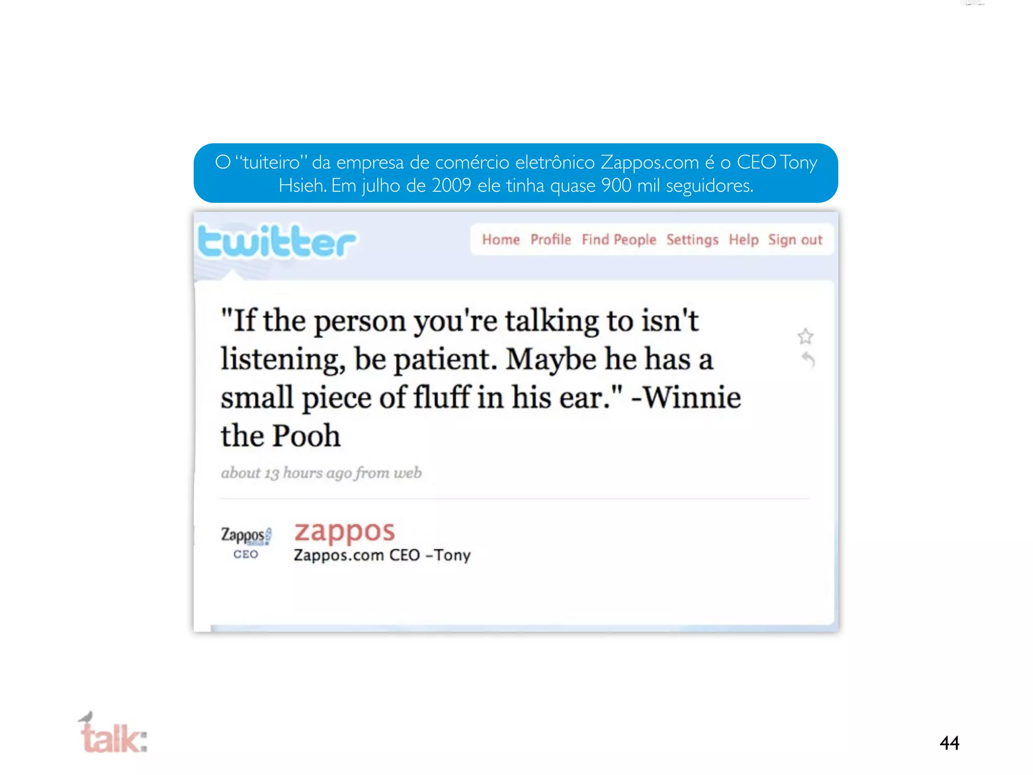 O “tuiteiro” da empresa de comércio eletrônico Zappos.com é o CEO Tony
        Hsieh. Em julho de 2009 ele tinha quase 900 mil seguidores.




                                                                         44
 