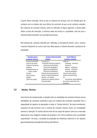 A partir desta conceção, retira-se que os sistemas de serviços com um elevado grau de
contacto com os clientes são mais difíceis de controlar do que os de contacto reduzido.
Nos sistemas de contacto intenso, como os referidos na figura seguinte, o cliente pode
afetar o prazo de execução, a natureza exata do serviço e a qualidade, uma vez que o
clientetendeaenvolver-se nopróprioprocesso.
Nos sistemas de contacto reduzido, por definição, a interação do cliente com o sistema
é pouco frequente ou curta e por isso afeta pouco o sistema durante o processo de
produção.
Serviços puros
(contacto intenso)
Centros de diversão
Centros de saúde
Hotelaria Transportes
públicos
Estabelecimento de
venda a retalho
Escolas
Serviços pessoais
Cadeias
Centro de cópias
Serviços mistos (contacto
médio)
Sucursais de:
Instituições financeiras Governo
Empresas de Informática
Firmas de advogados
Agências publicitárias
Empresas imobiliárias
Serviços de parqueamento
Corpos de polícia ebombeiros
Serviços de limpeza
Empresas de mudanças Oficina
de reparações
Semi-fabrico
(contacto reduzido)
Sedes de:
Instituições financeiras
Governo
Agências publicitárias
Empresas imobiliárias
Firmasde advogados
Lojas de venda a grosso
Serviços postais Serviços
de
encomenda postal Agências
de notícias Laboratórios de
pesquisa
1.2.1 Núcleo Técnico
Uma forma de compreender a relação entre as atividades de contacto intenso versus
atividades de contacto reduzido é que um sistema de contacto reduzido tem a
capacidade de separar as operações e isolar o “núcleo técnico” do meio envolvente,
enquanto tal não acontece com o sistema de contacto intenso. Como um investigador
chamou à atenção “O núcleo técnico tem de ser capaz de operar como se o mercado
absorvesse uma categoria simples de produto a um ritmo contínuo com a qualidade
especificada”. De facto, a proteção da produção de influências exteriores é um objetivo
generalizadodaconceçãodesistemasde fabrico.
 